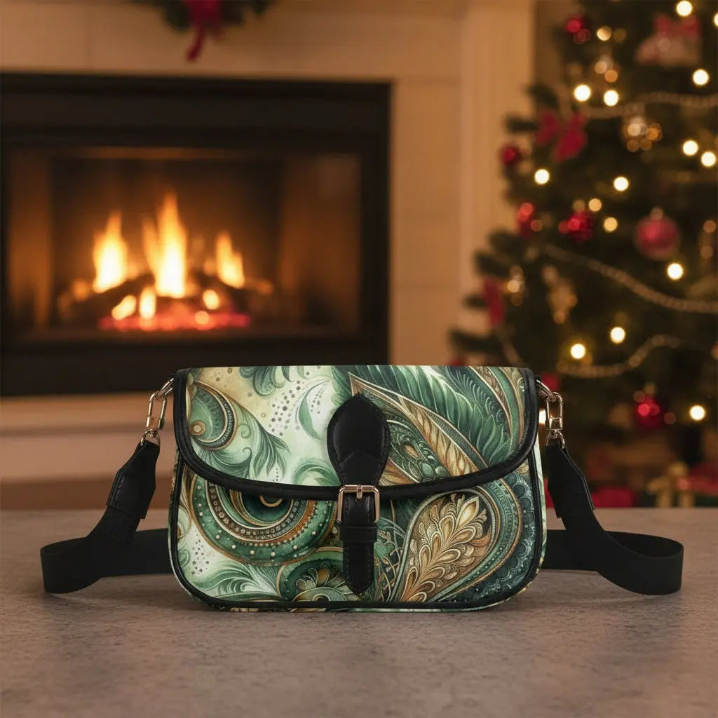 Green and gold patterned handbag with black strap on a white background