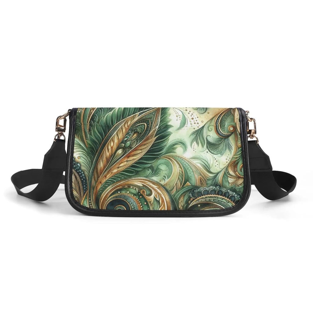 Crossbody bag with green and gold feather pattern on a white background