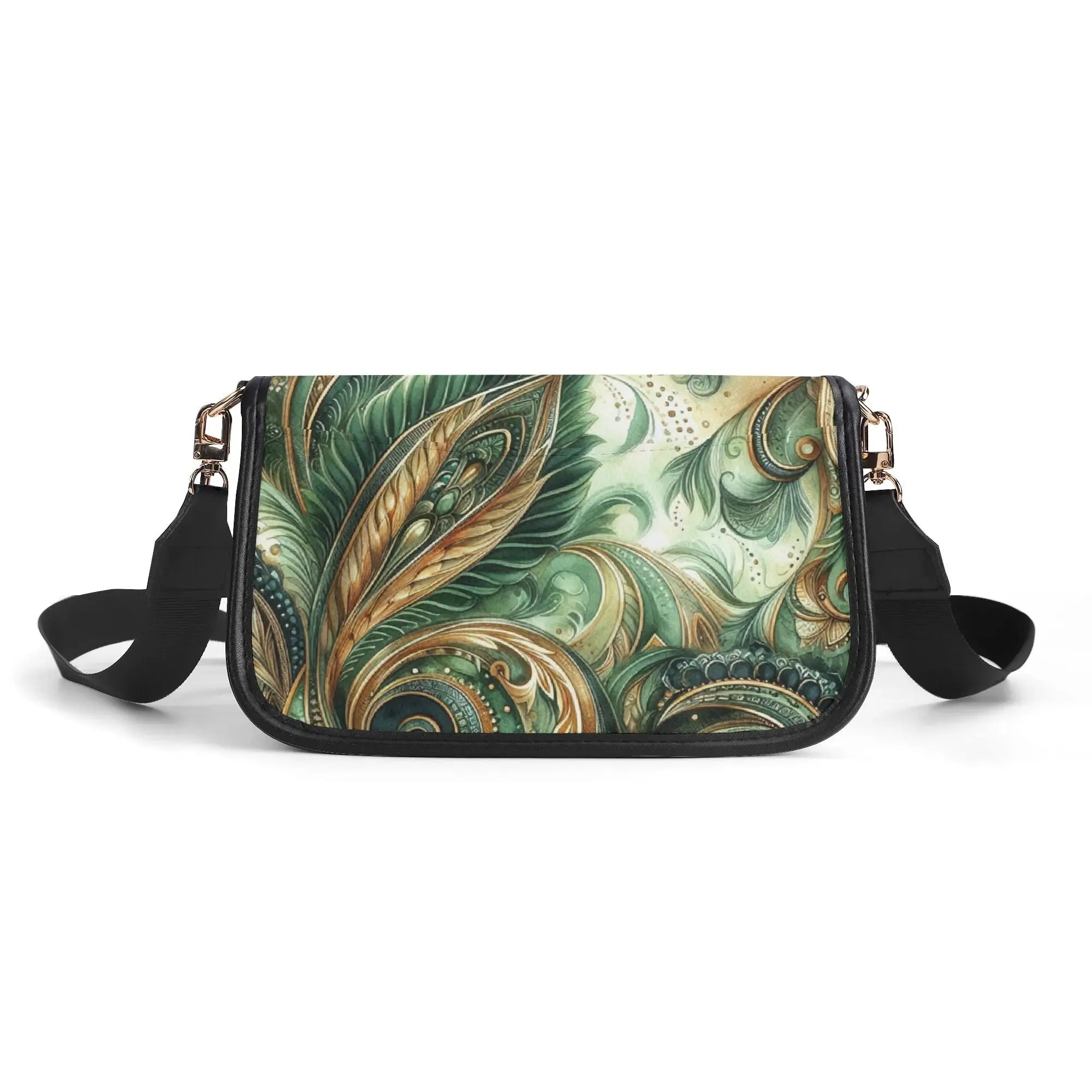 Crossbody bag with green and gold feather pattern on a white background