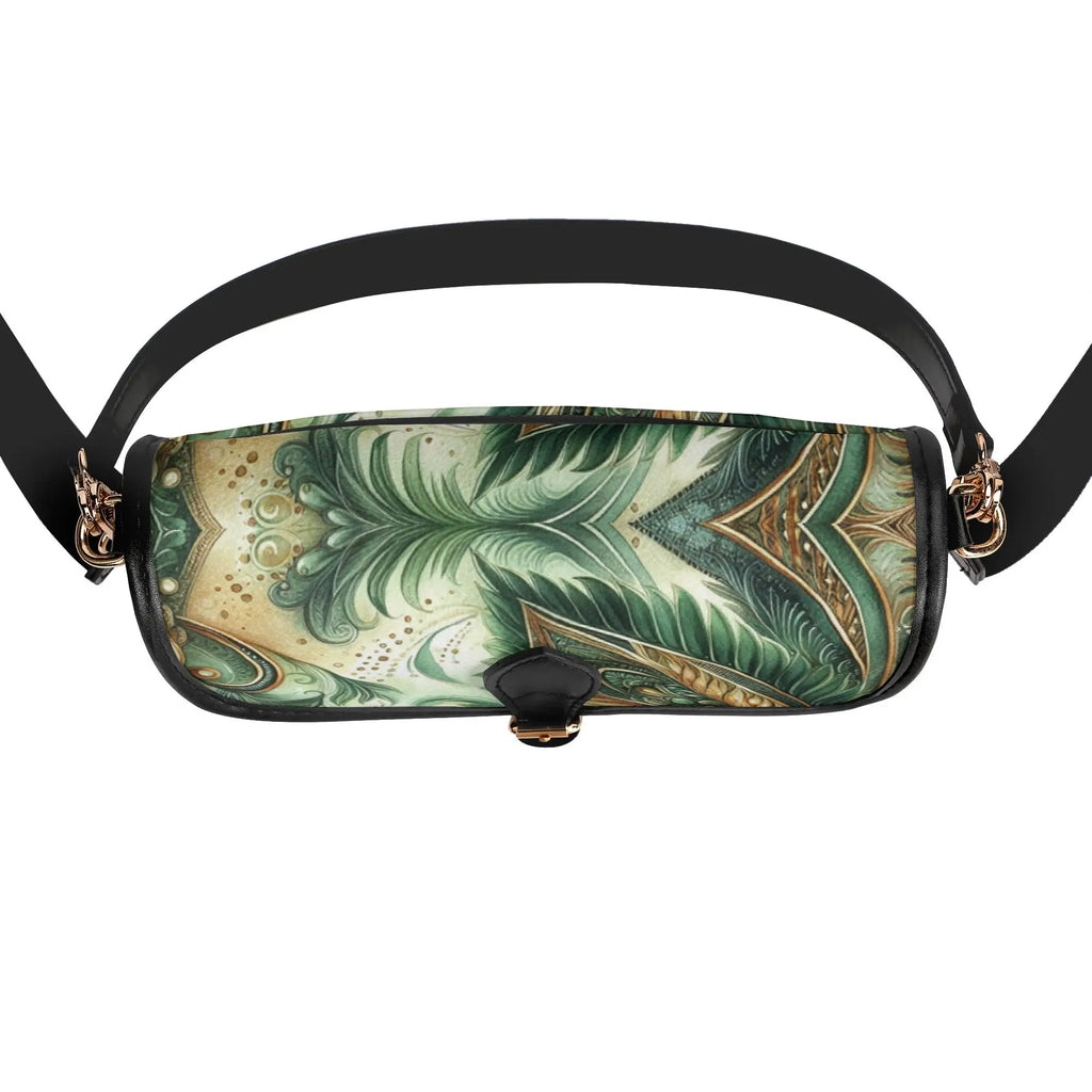 Green patterned handbag with black strap on a white background