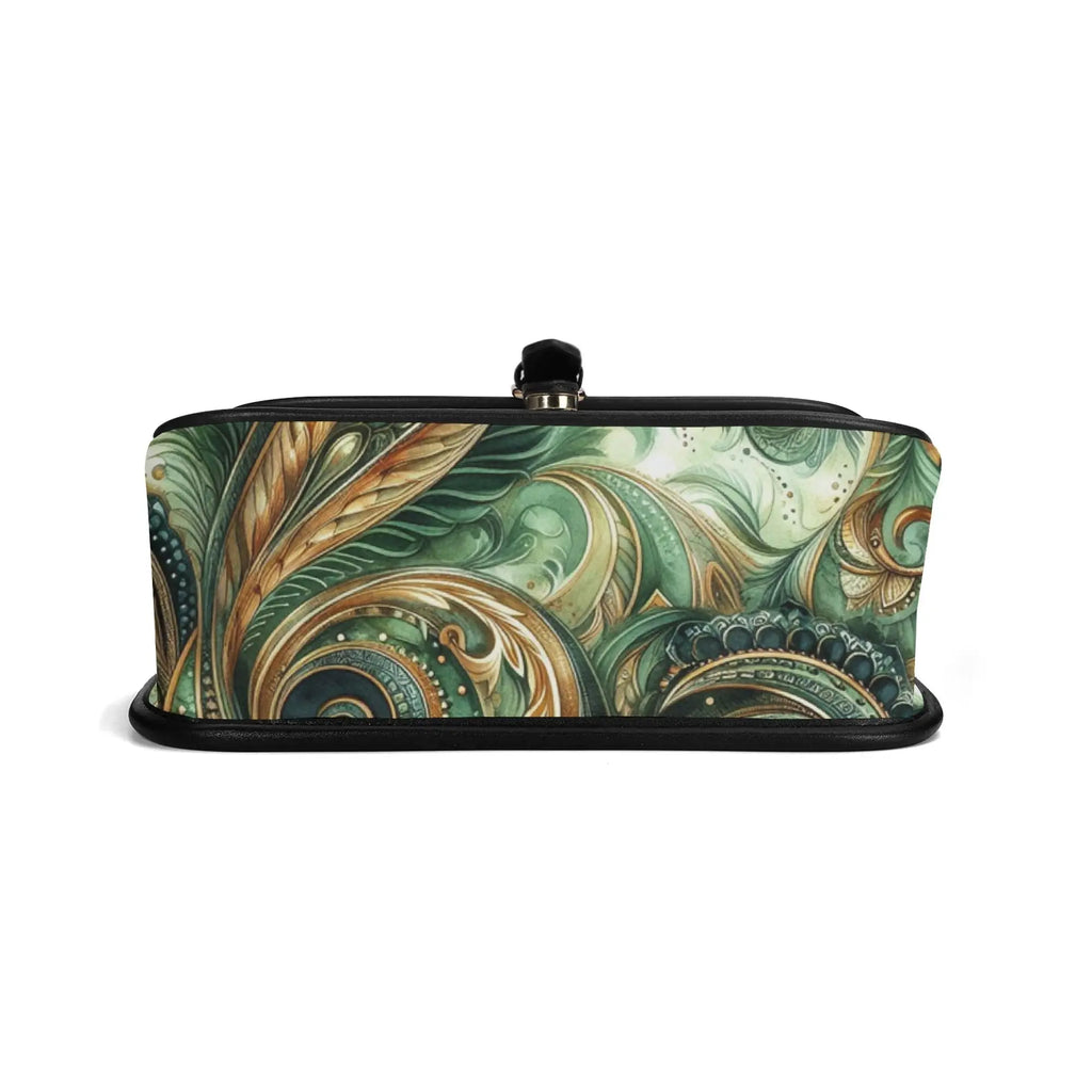 Clutch bag with green and gold pattern on a white background