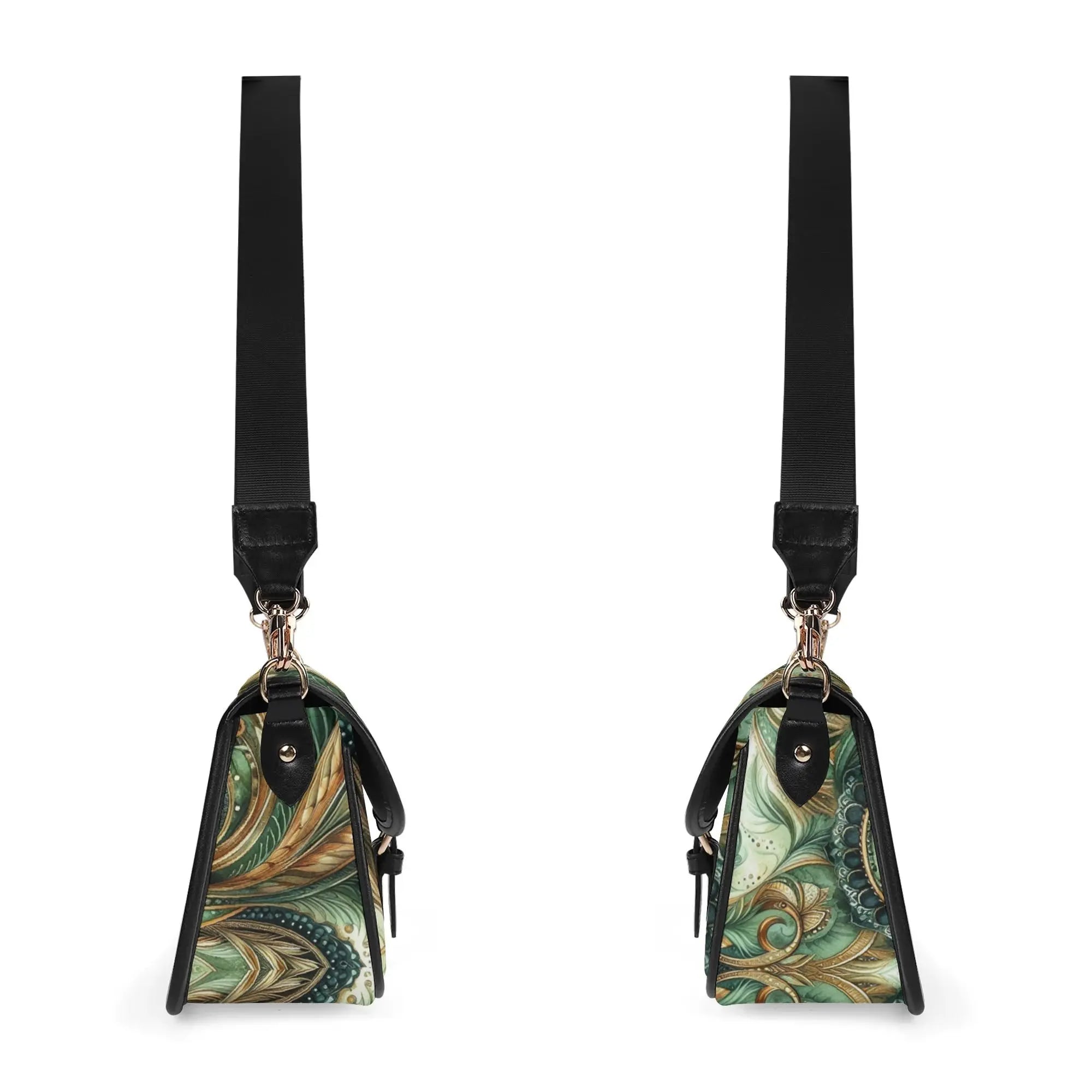 Two small handbags with green and gold feather pattern on a white background