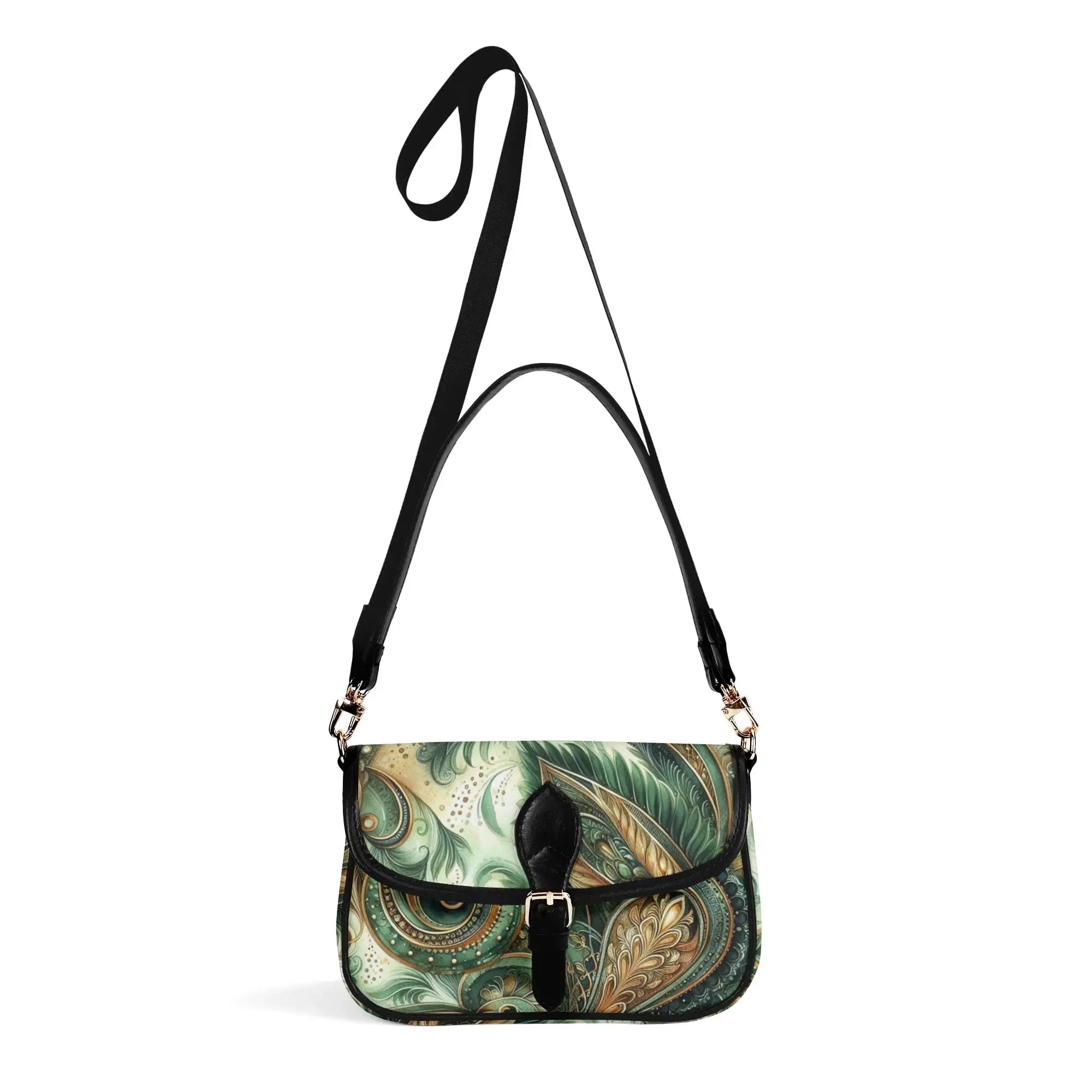 Green patterned handbag with a black strap on a white background