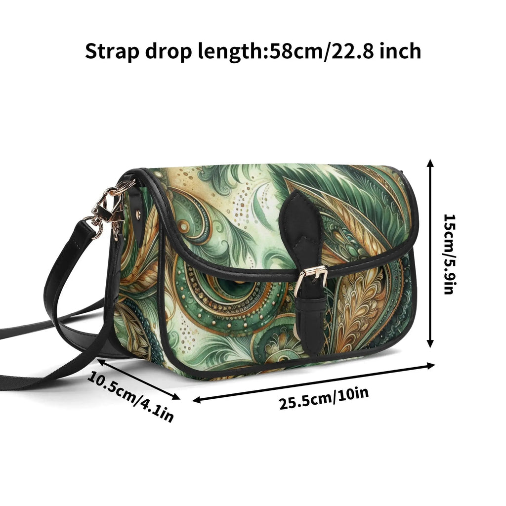 Green and gold patterned handbag with measurements on a white background