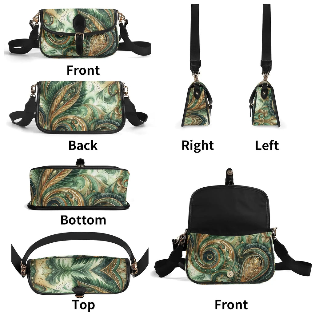 Green and black patterned bag shown from multiple angles on a white background