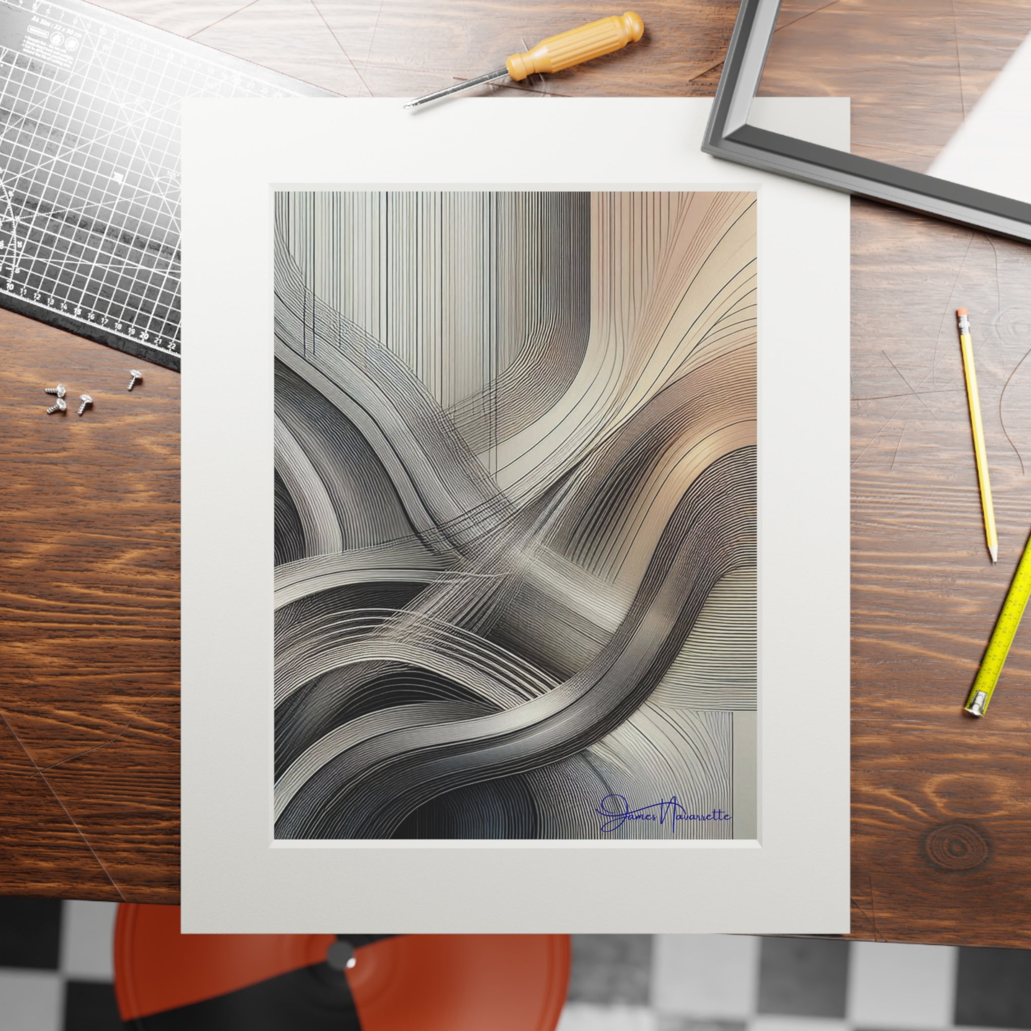 Framed abstract art on a wooden table with tools