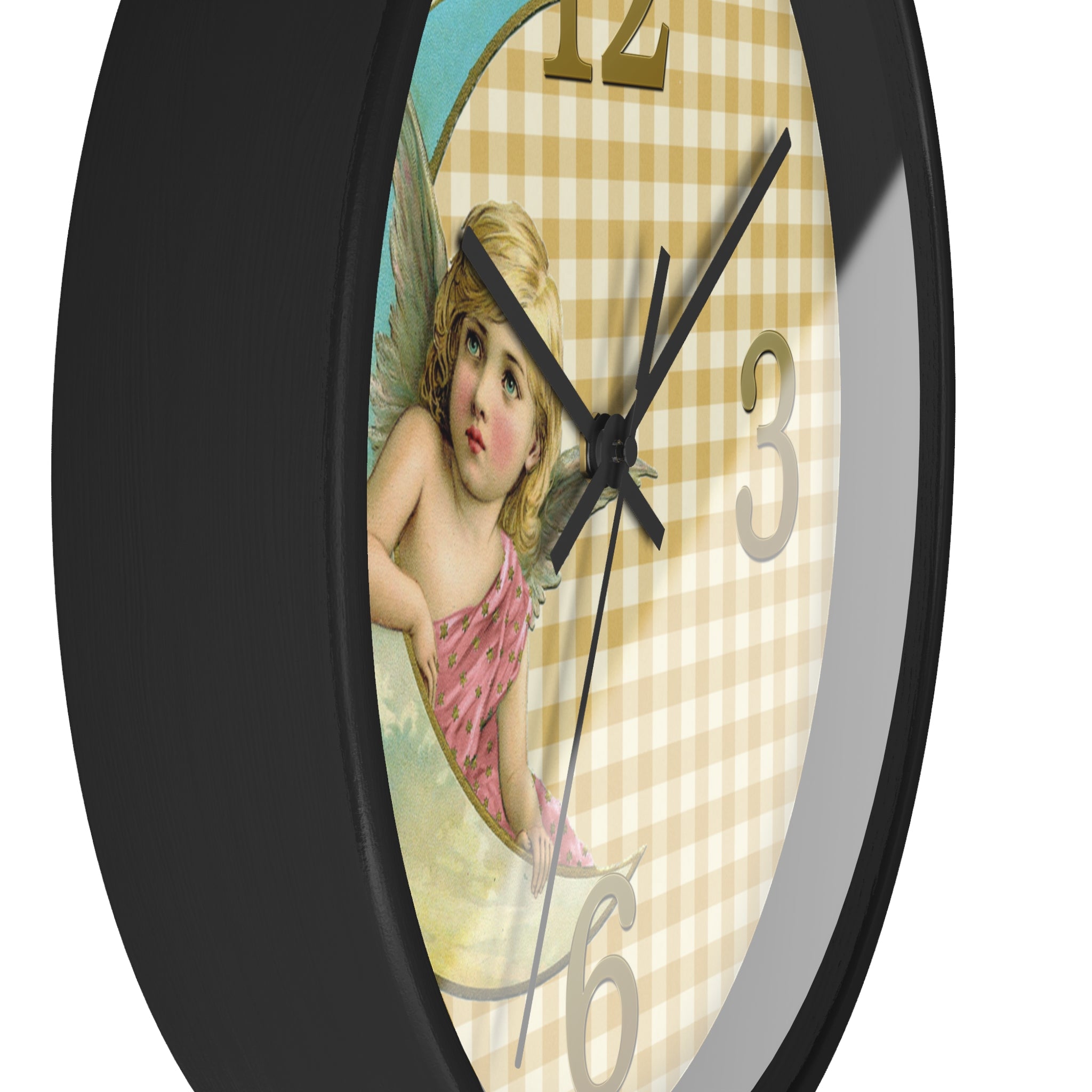 Wall clock with an angel design on a checkered background