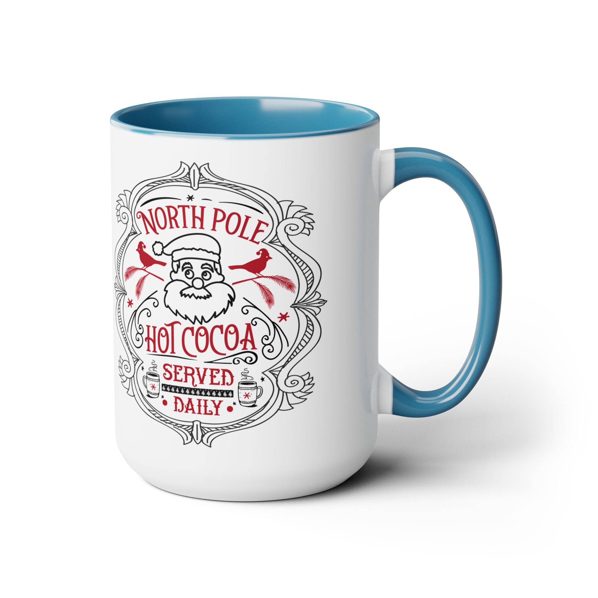 White mug with blue interior and handle featuring a Santa Claus design and text.
