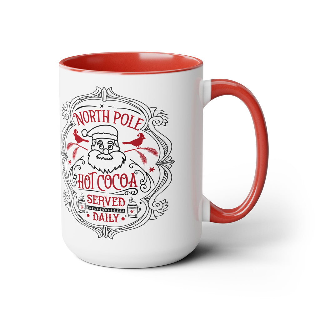 White mug with red interior and handle featuring a Santa Claus design and text.