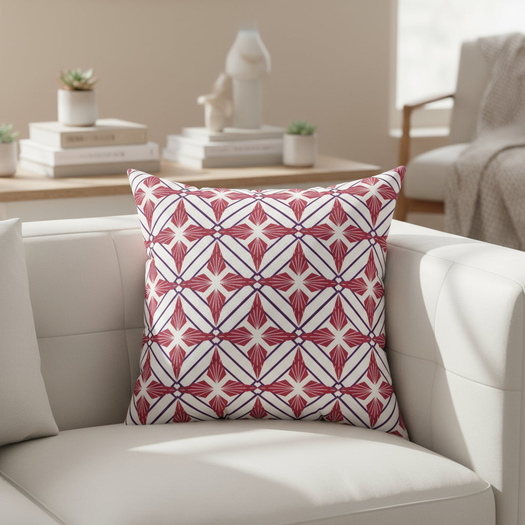 Decorative pillow with red and white geometric pattern on a white background