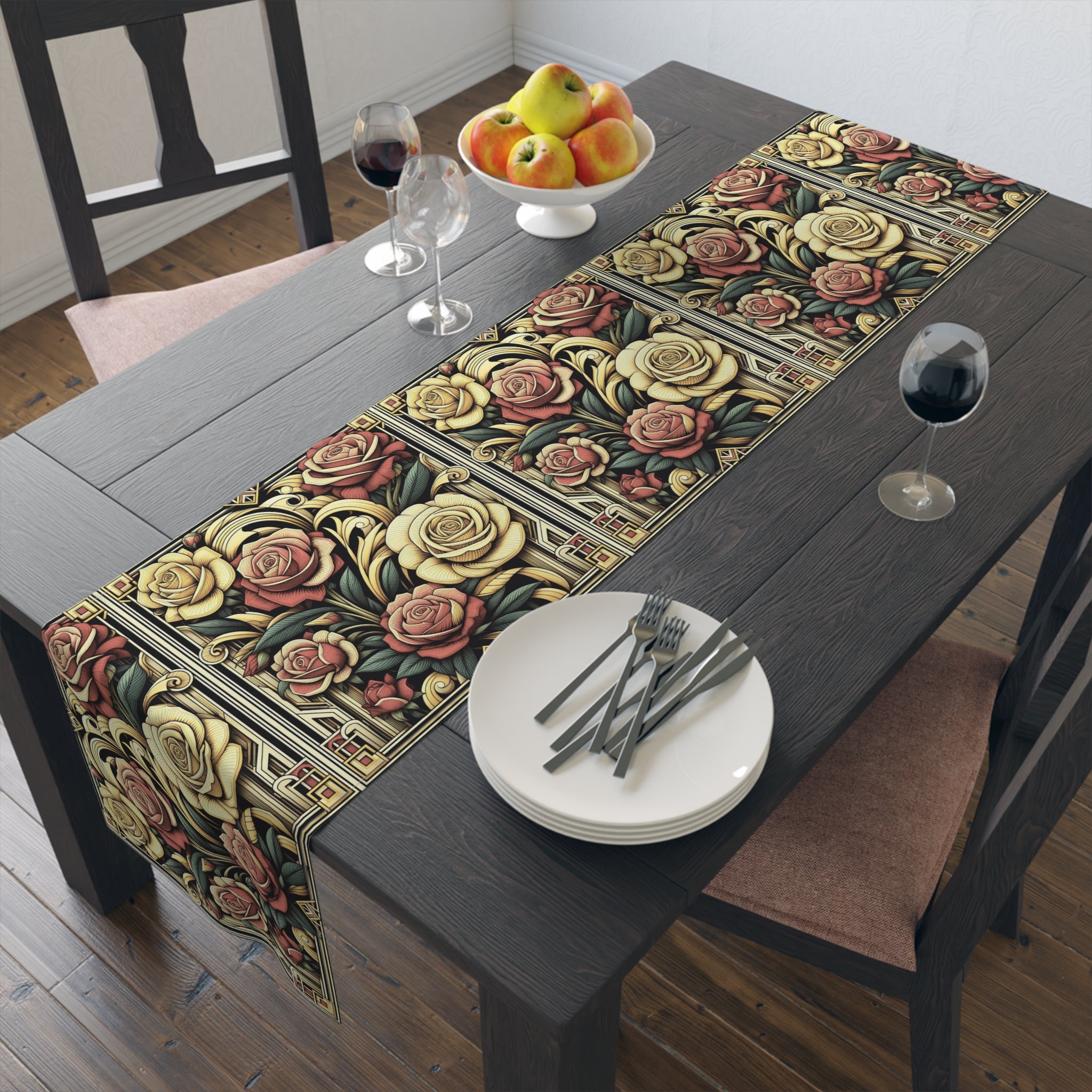 Dining table with floral table runner, plates, and cutlery.