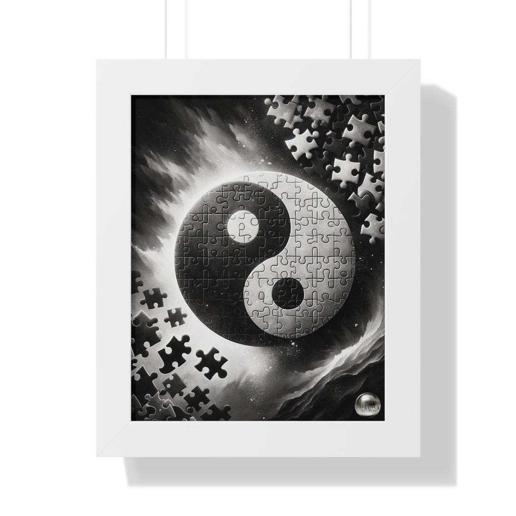 Yin yang symbol made from puzzle pieces in a white frame