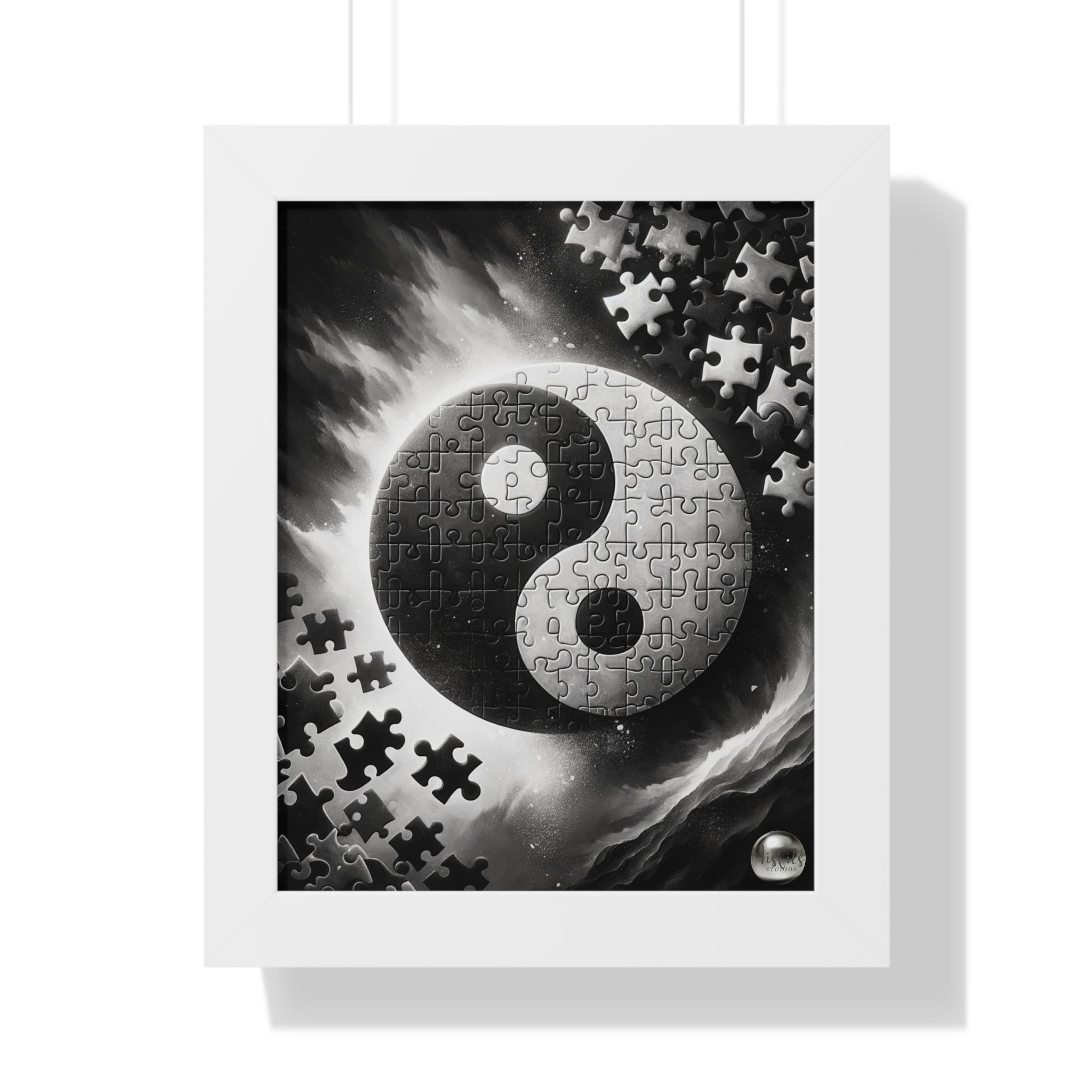 Yin yang symbol made from puzzle pieces in a white frame