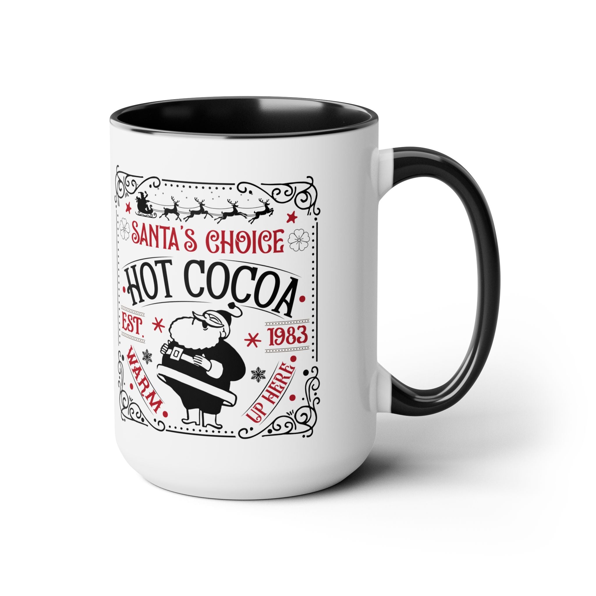 White mug with black interior and handle featuring 'Santa's Choice Hot Cocoa' text and graphics.