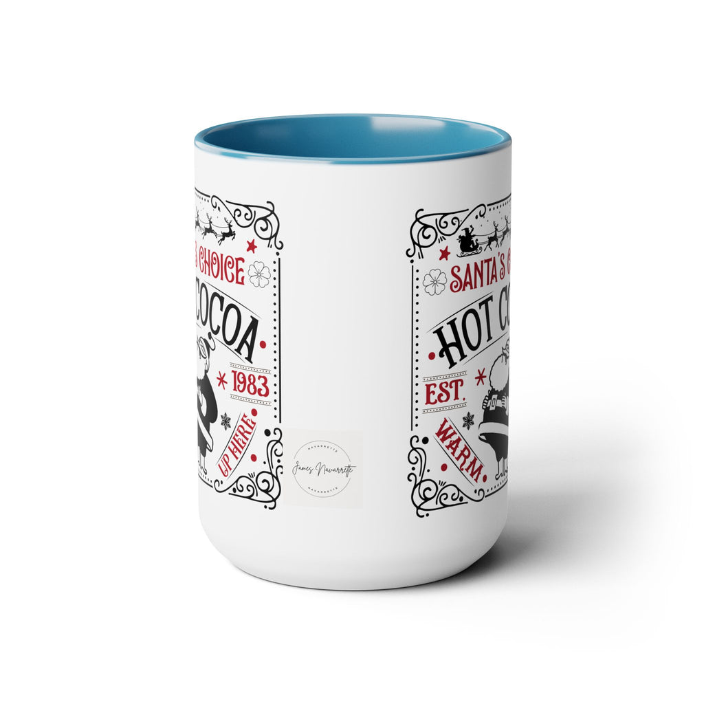 White mug with blue interior, featuring festive text and graphics on a white background