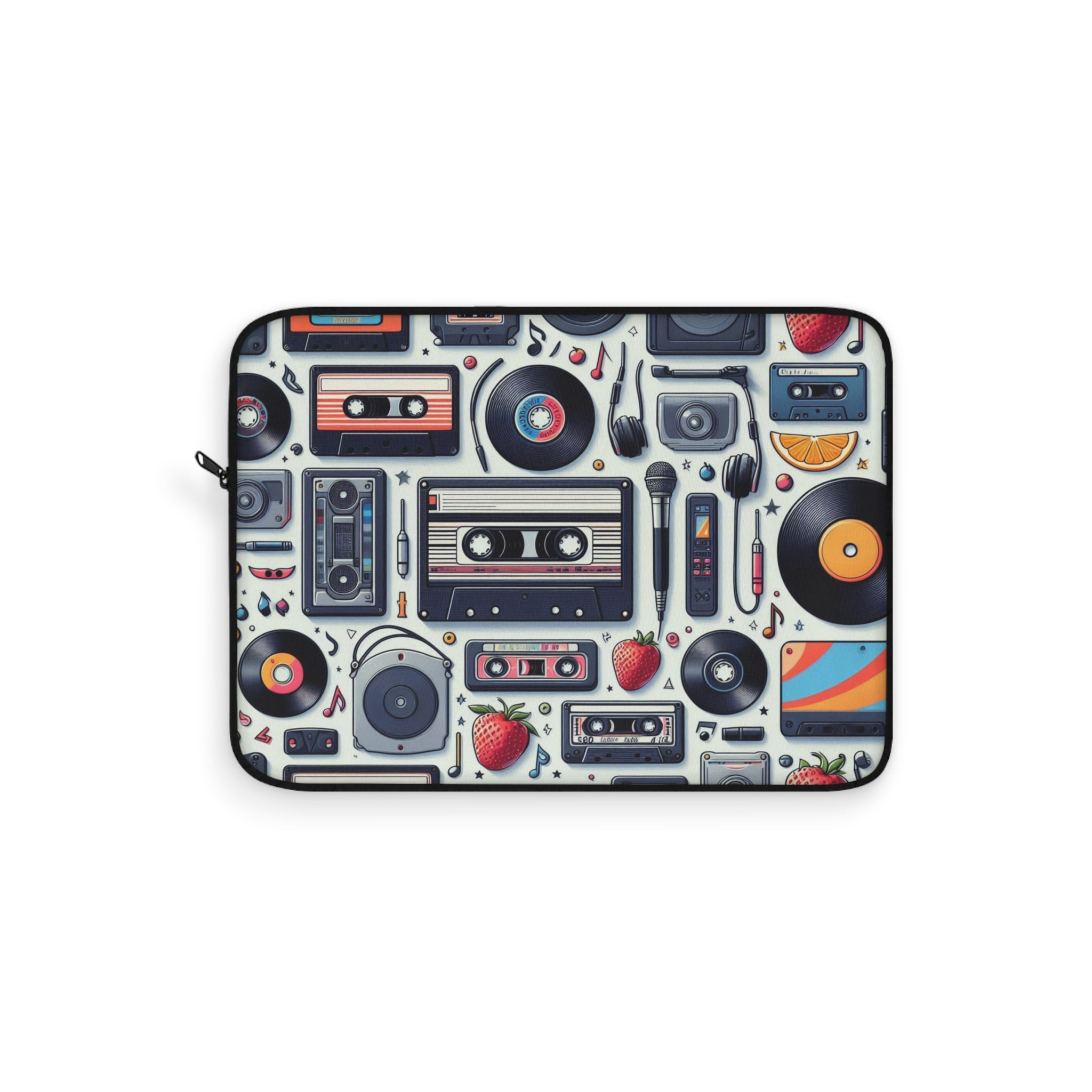 Laptop sleeve with retro music equipment design on a white background