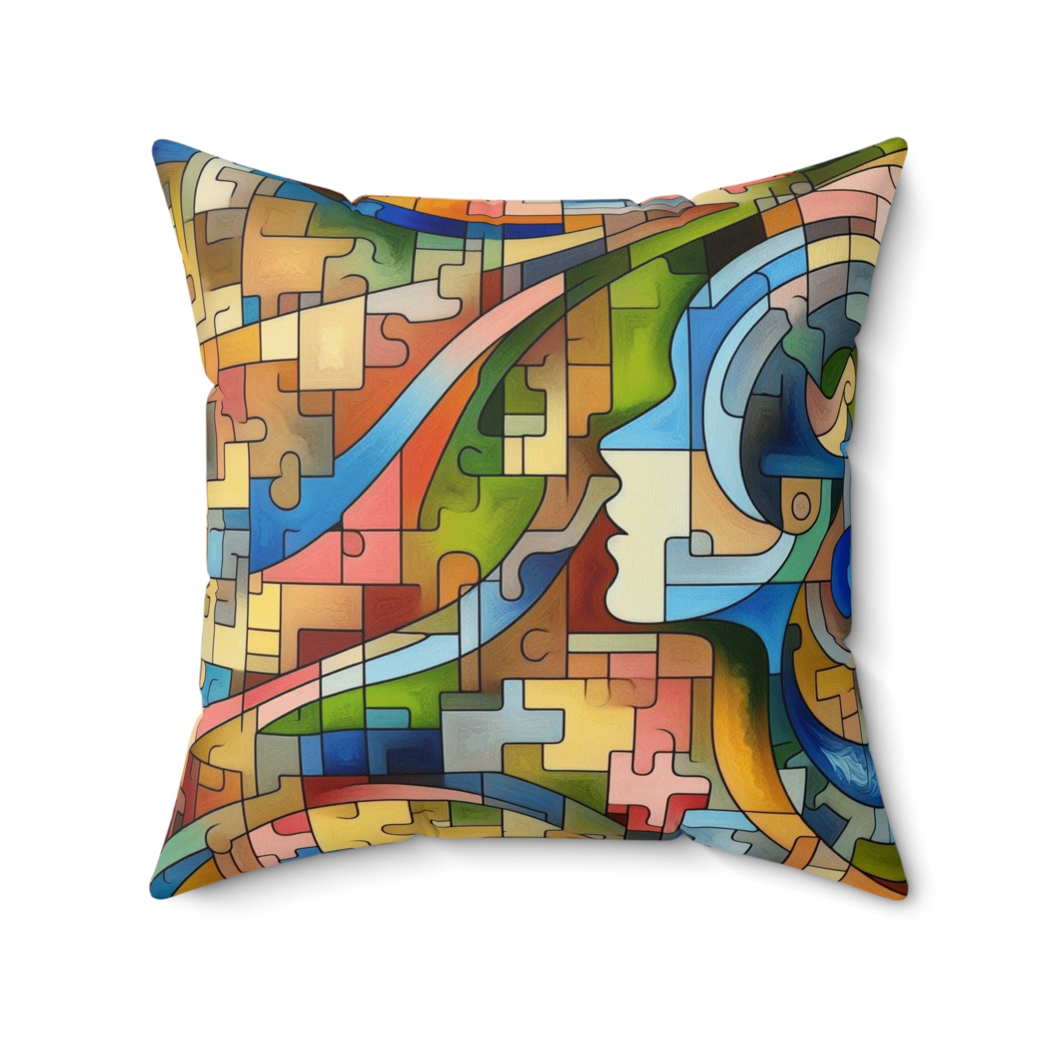 Colorful abstract cushion with geometric design on a white background