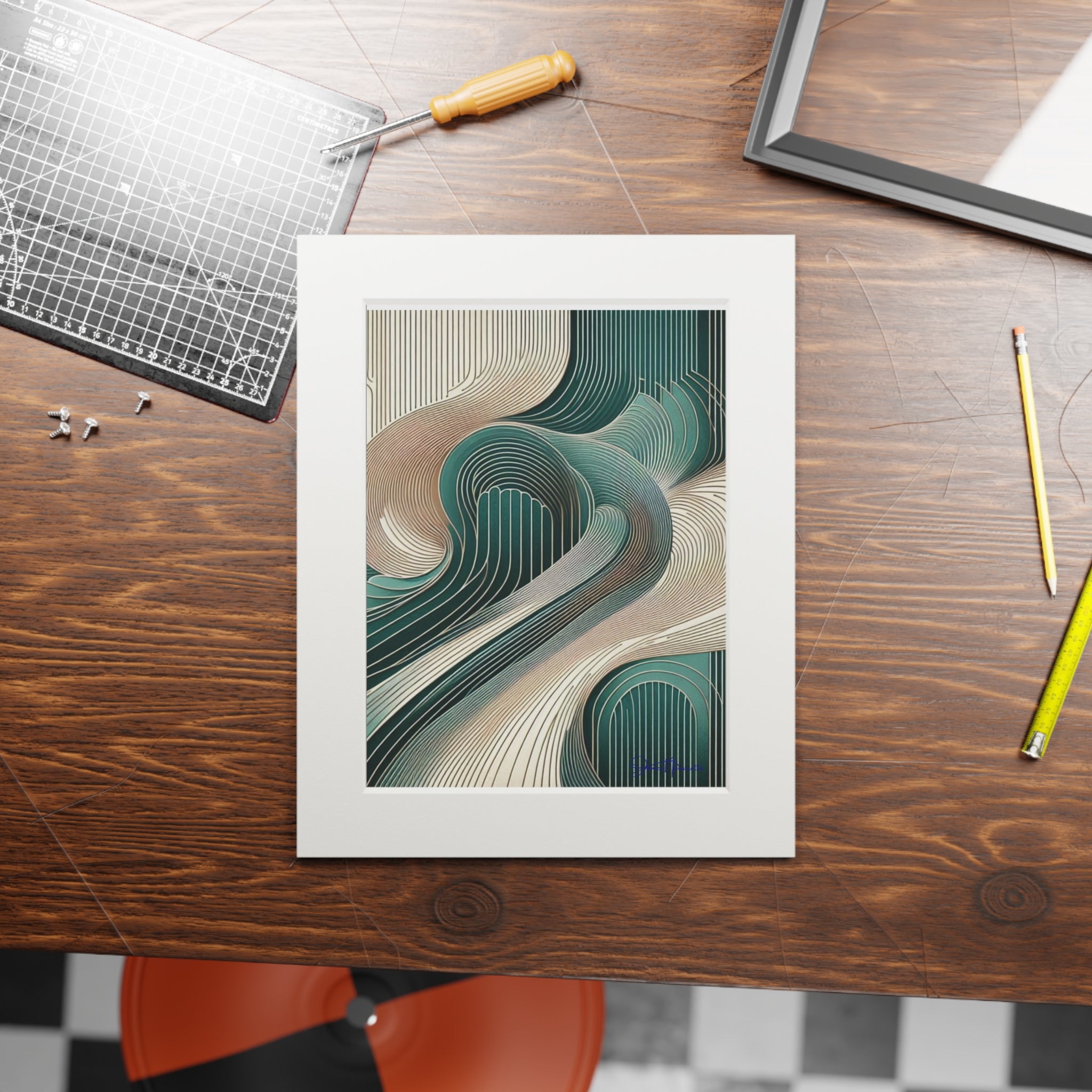 Fine Art Prints Abstract Landscape in cobalt, cream and white in Passepartout Paper Frame