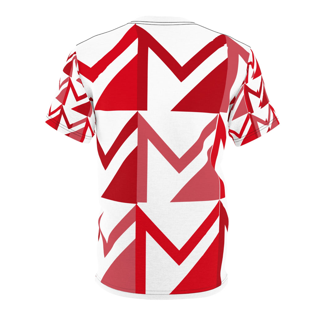 Red and white geometric patterned t-shirt on a white background