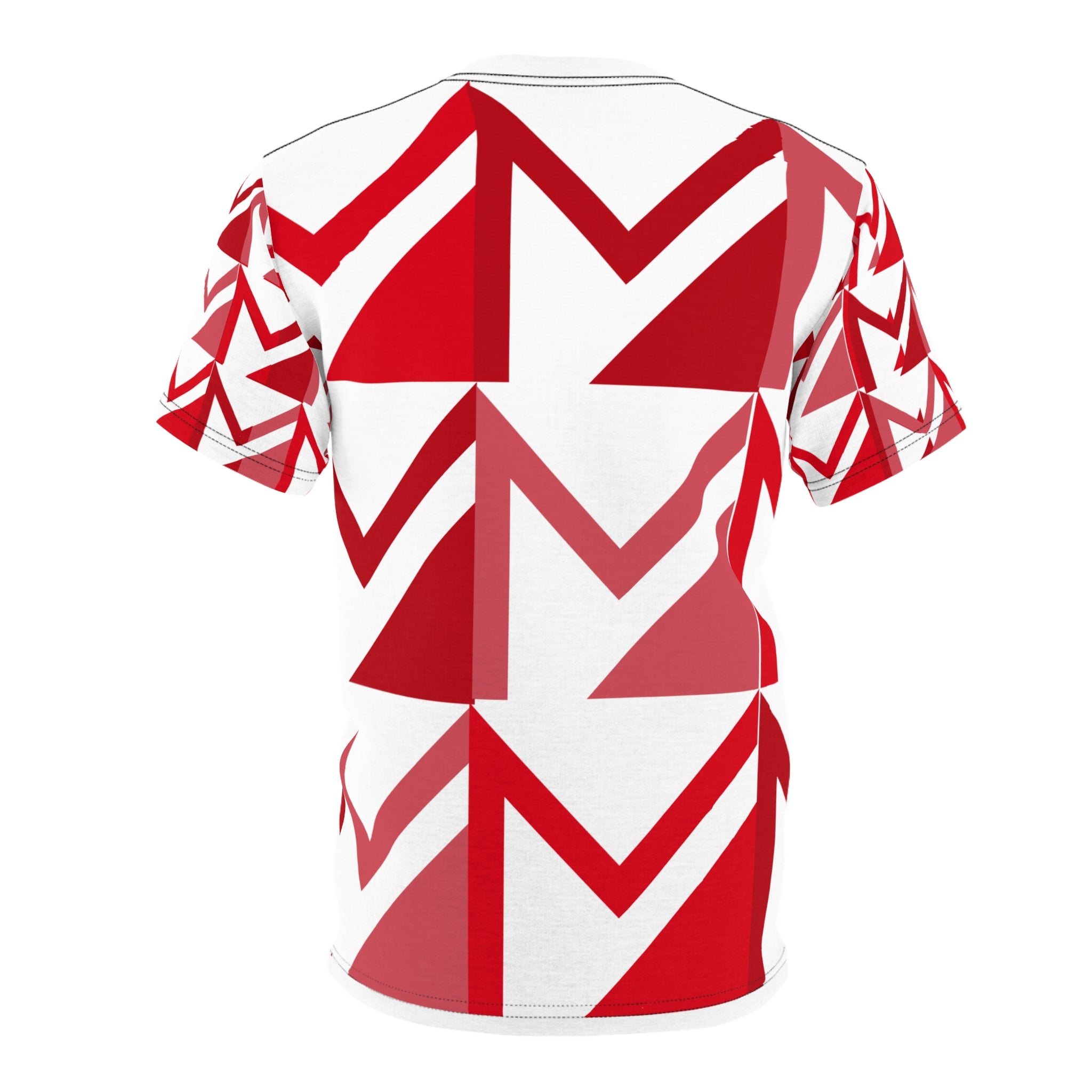 Red and white geometric patterned t-shirt on a white background