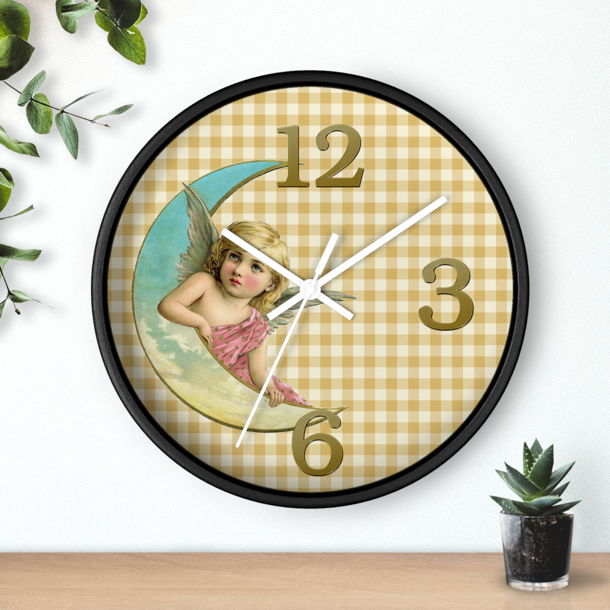 Decorative wall clock with angel design on a checkered background