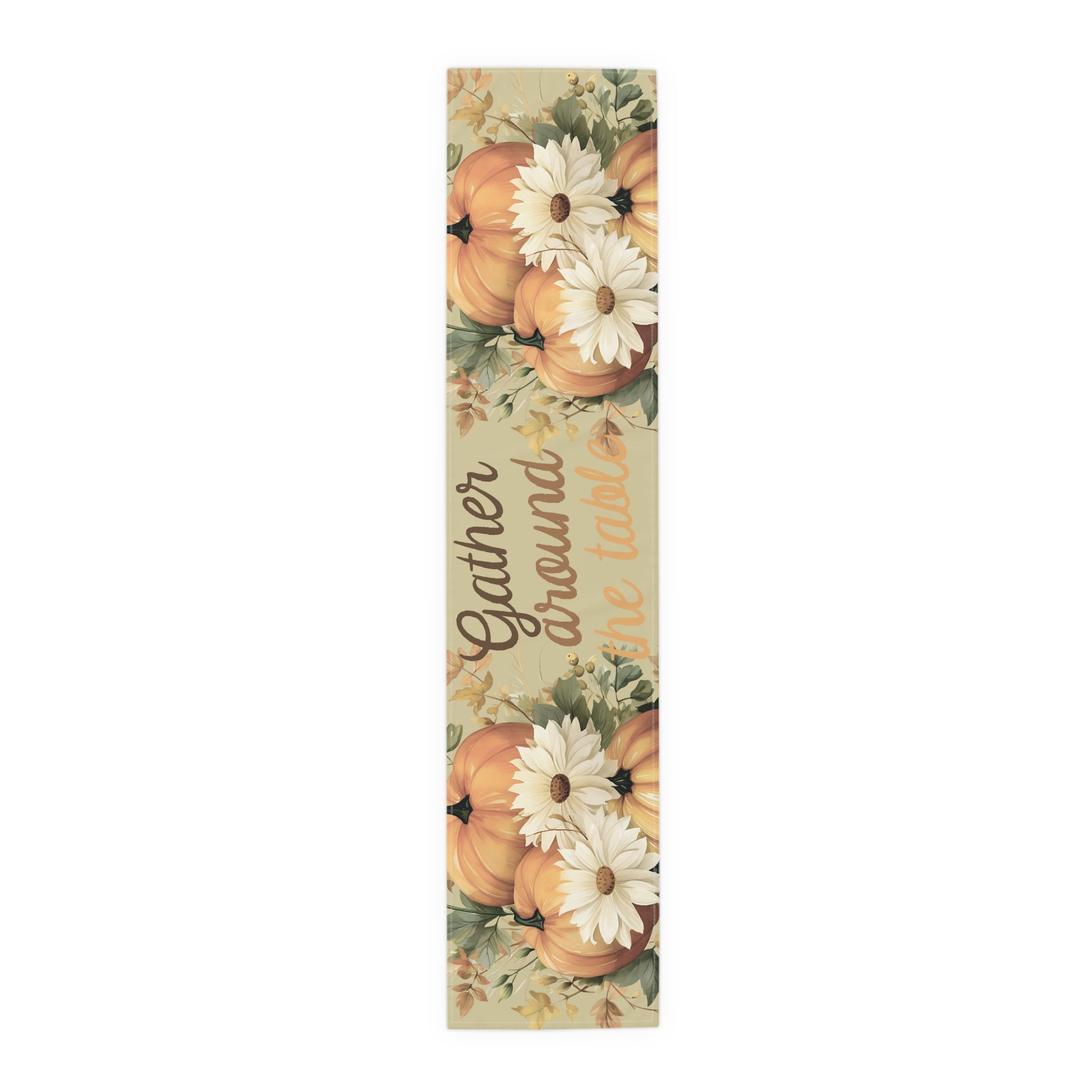 Decorative mat with pumpkins and flowers featuring the text 'Gather around the table' on a white background.