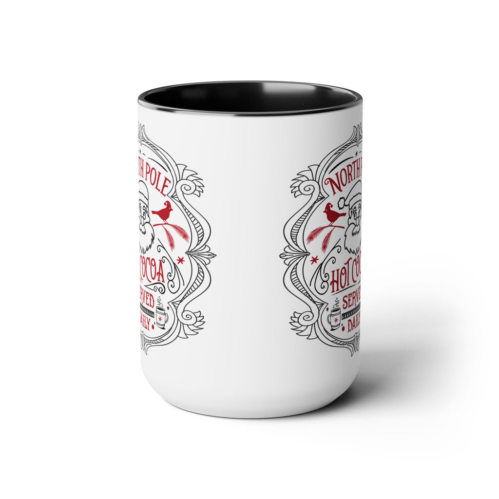 White mug with black interior, featuring decorative text and red accents on a white background