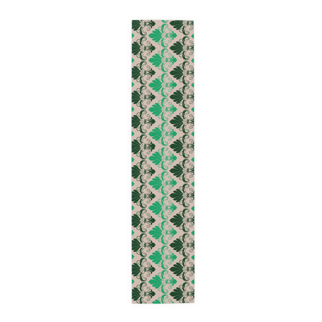 Patterned green and beige fabric swatch on a white background