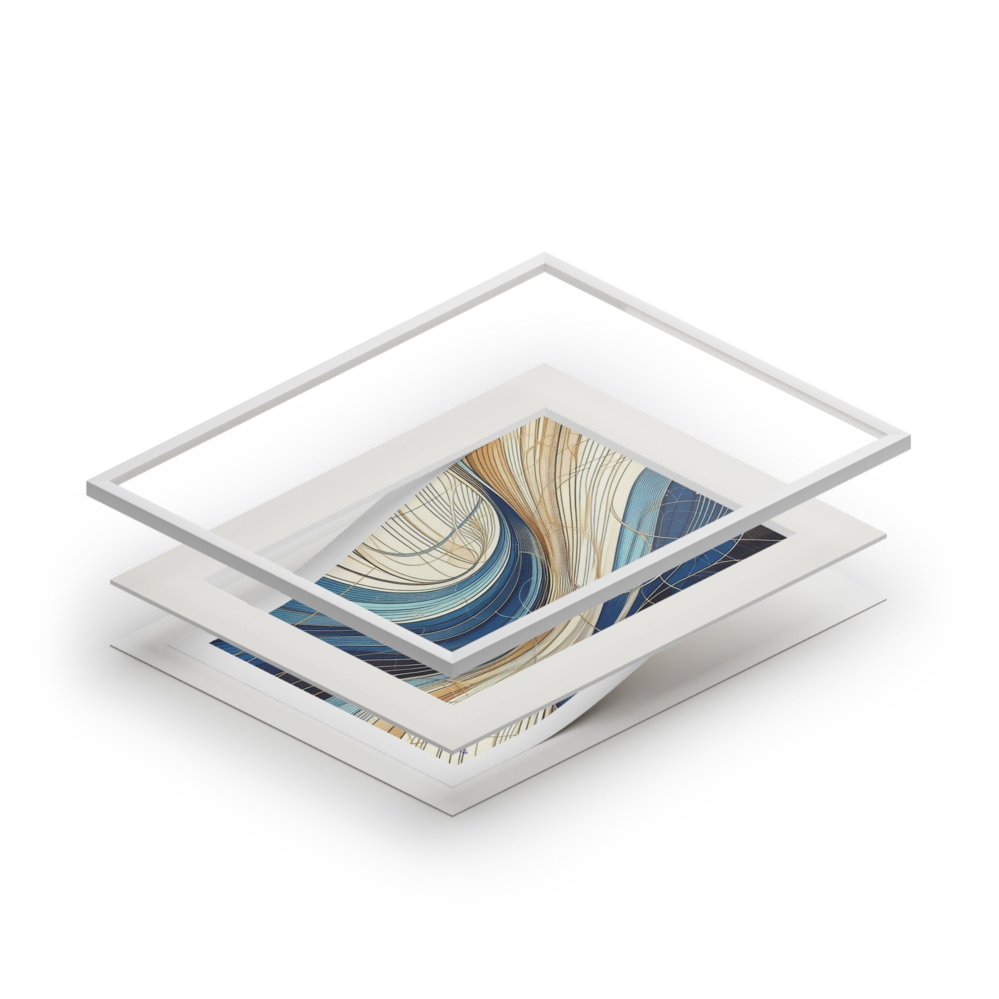 Fine Art Prints- Abstract Waterfall in cobalt, cream and white in Passepartout Paper Frame