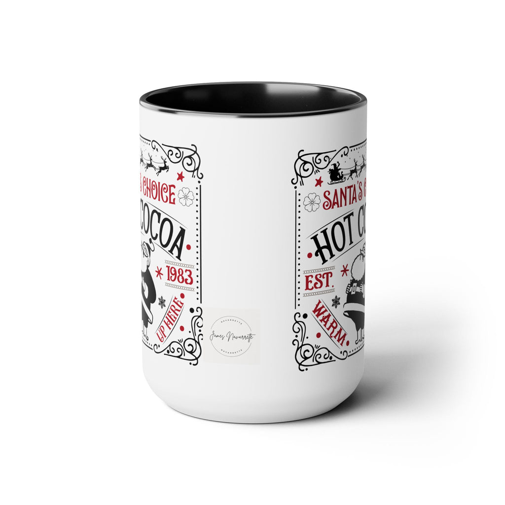 White mug with black interior, featuring decorative text and graphics on a white background