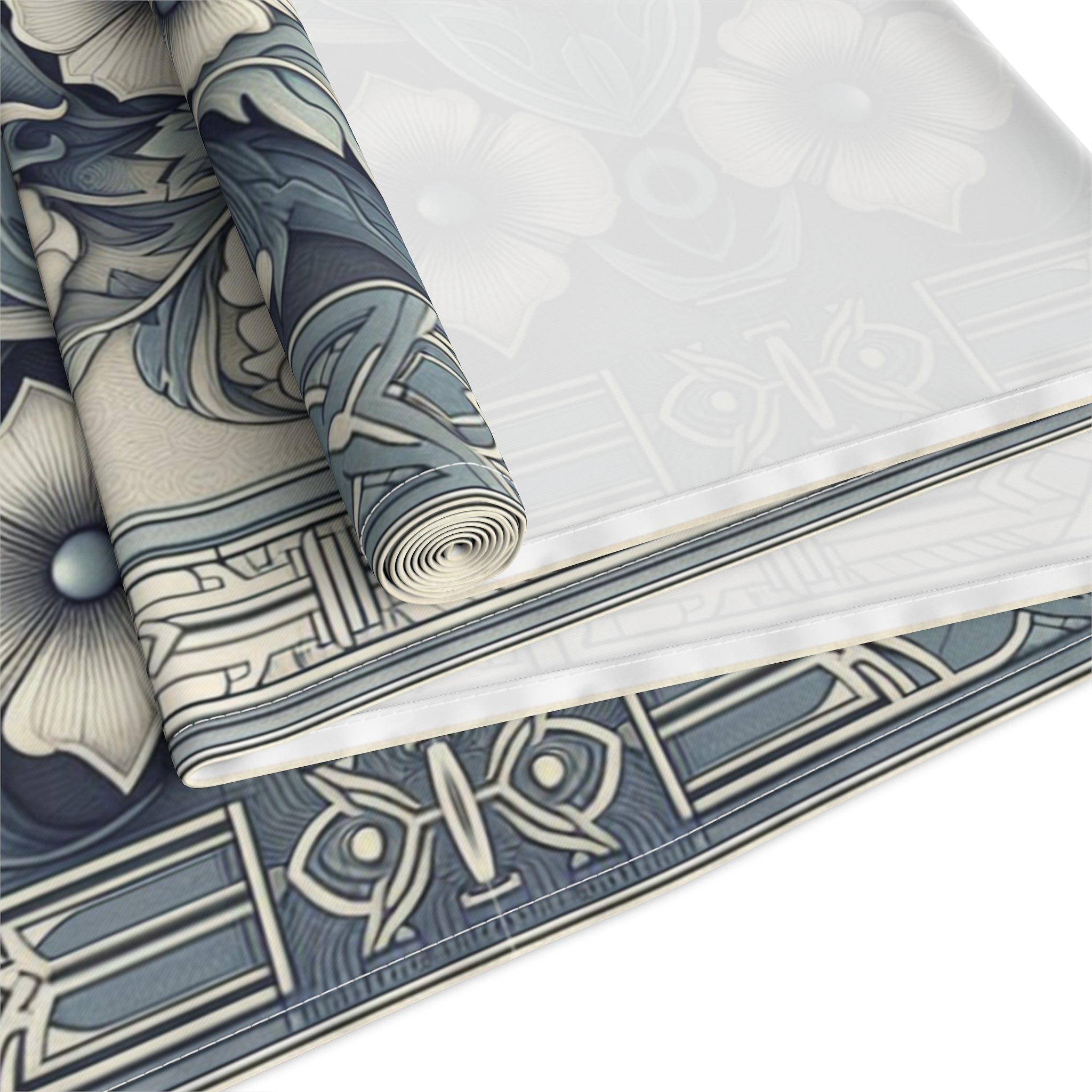 Antique Periwinkle and White Floral Pattern Table Runner- Available in Cotton Twill or Polyester - 16x72 or 16x90 -
