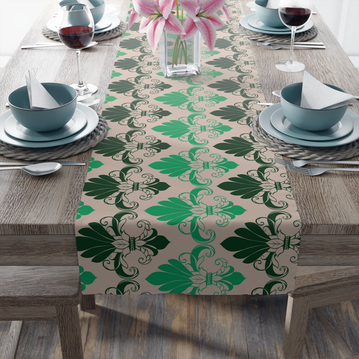 Green Fleur de Lis Pattern Elegant Table Runner - Home Decor Accent
