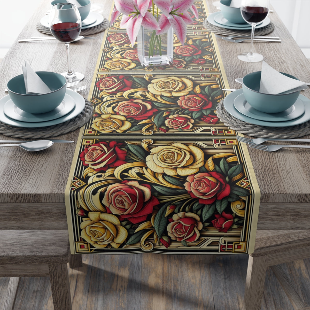 Decorative table runner with floral design on a set dining table.