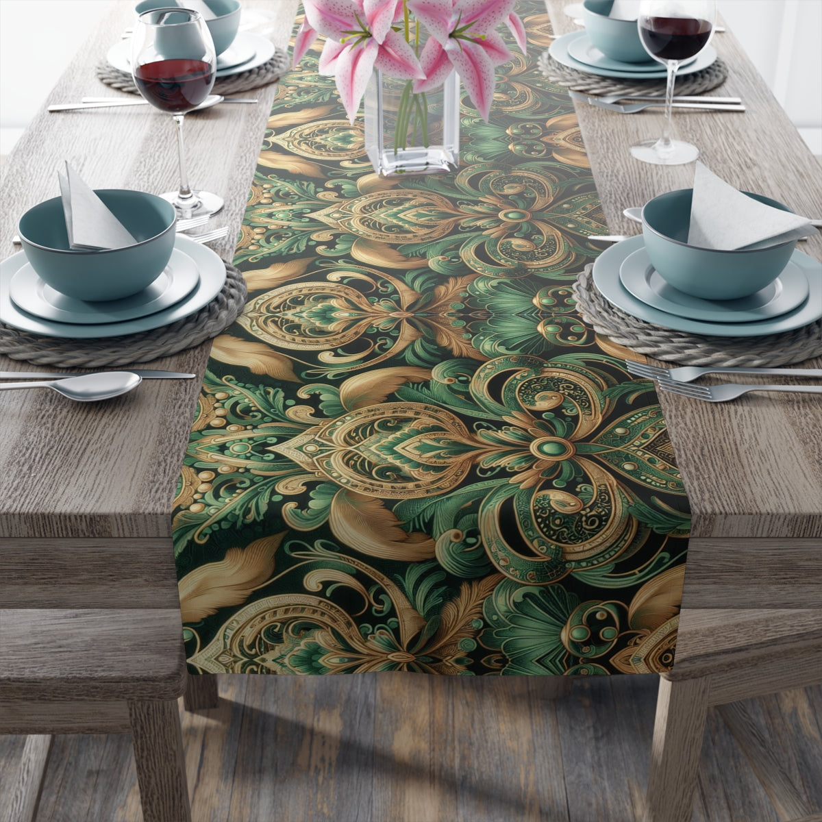 Elaborate Emerald Floral Table Runner