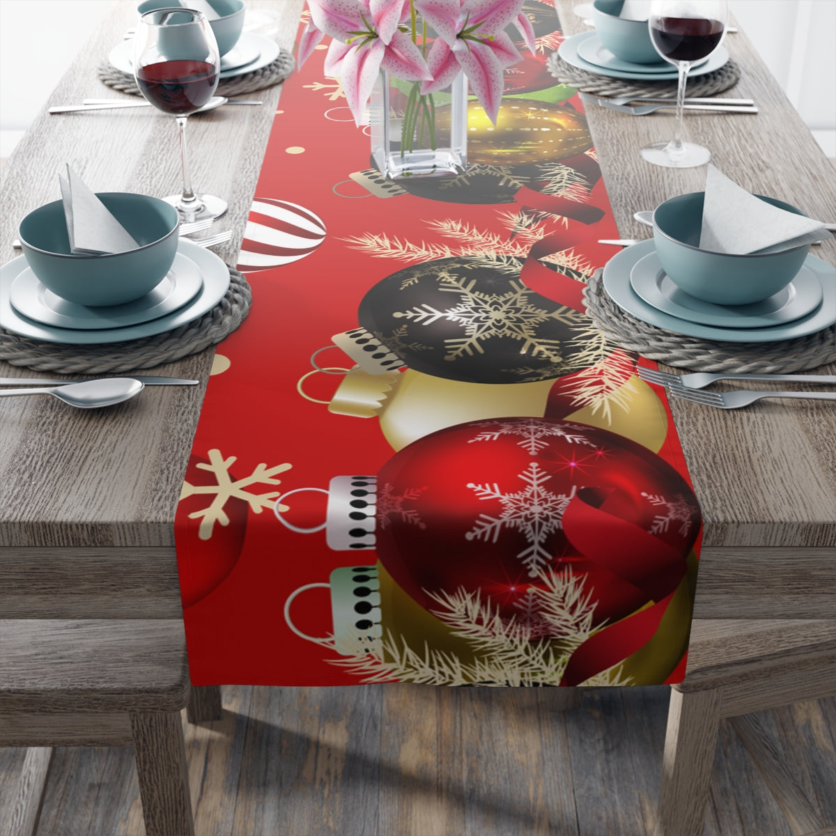 Christmas Ornaments Red Table Runner
