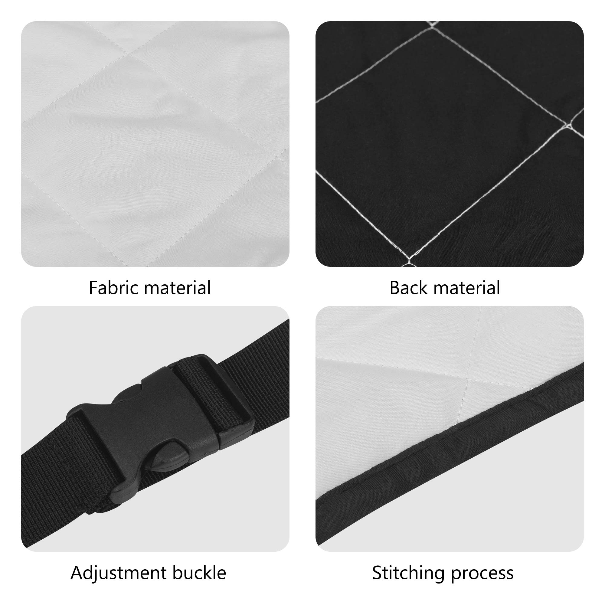 Product features including fabric material, back material, adjustment buckle, and stitching process.