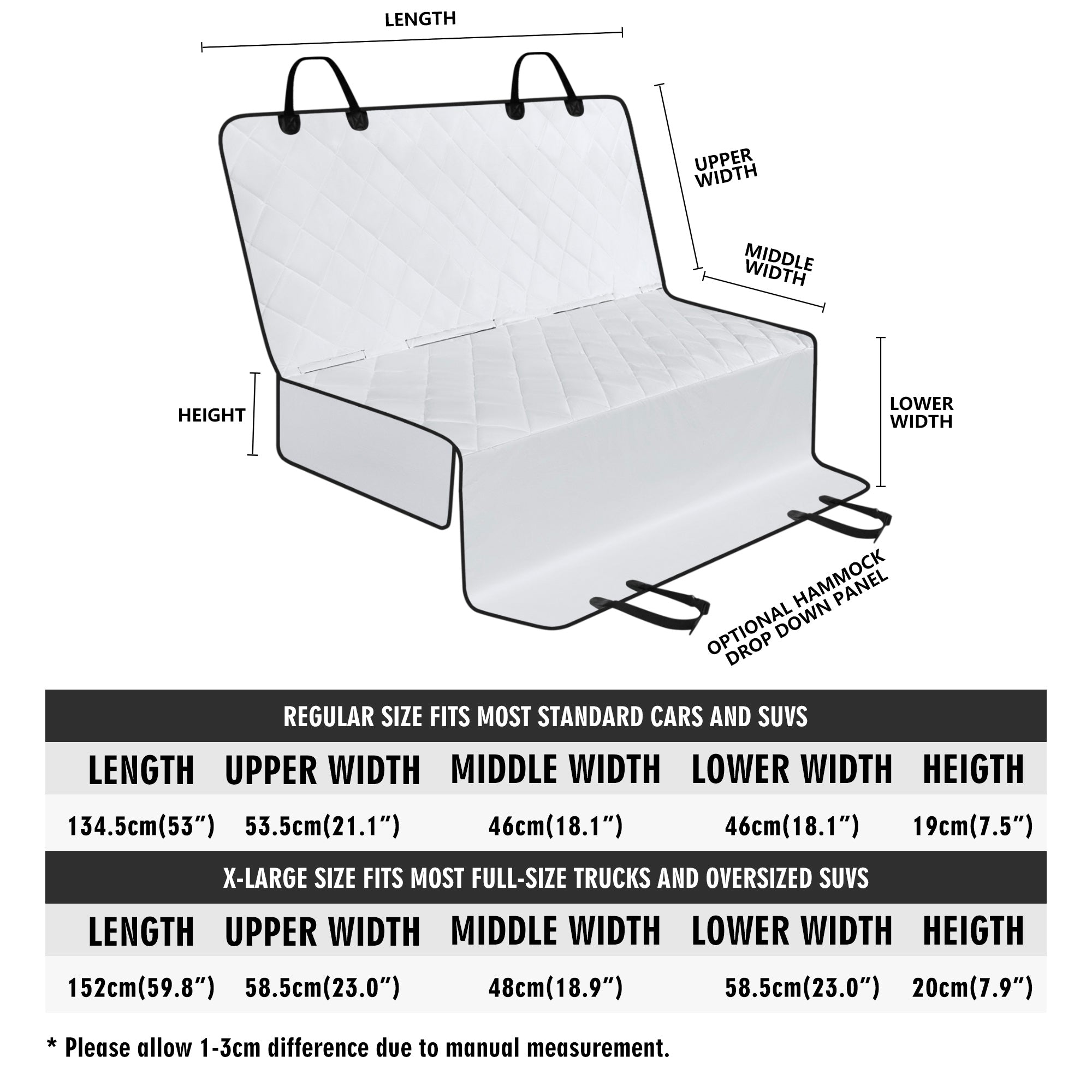 Measurement chart for a car seat cover with dimensions labeled.