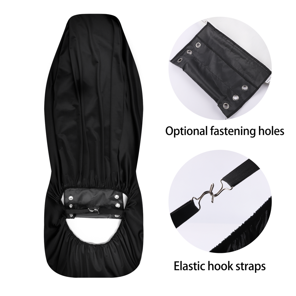 Black seat cover with fastening holes and elastic hook straps on a white background