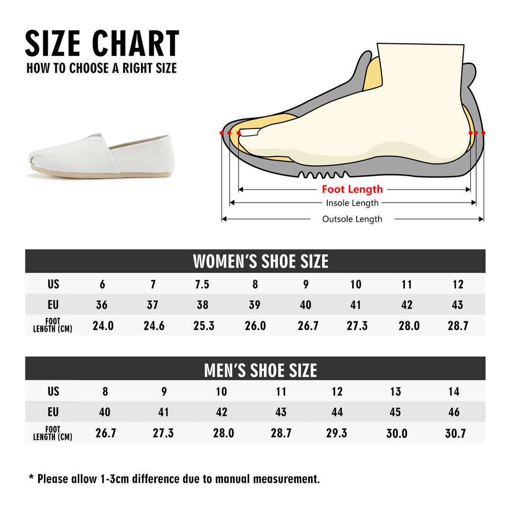 Shoe size chart for women and men with foot length measurement diagram.