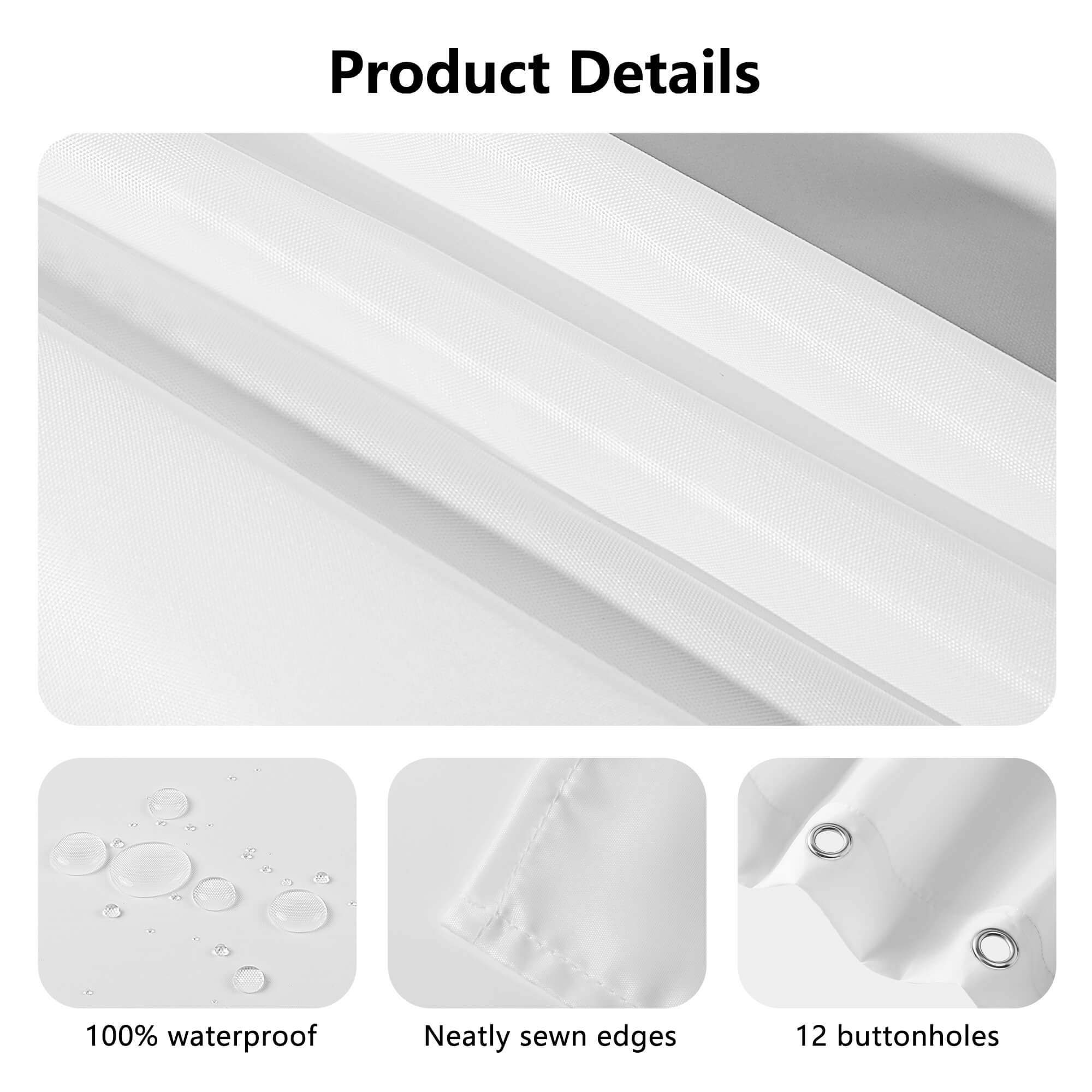 White fabric with product details including waterproofness, sewn edges, and buttonholes.