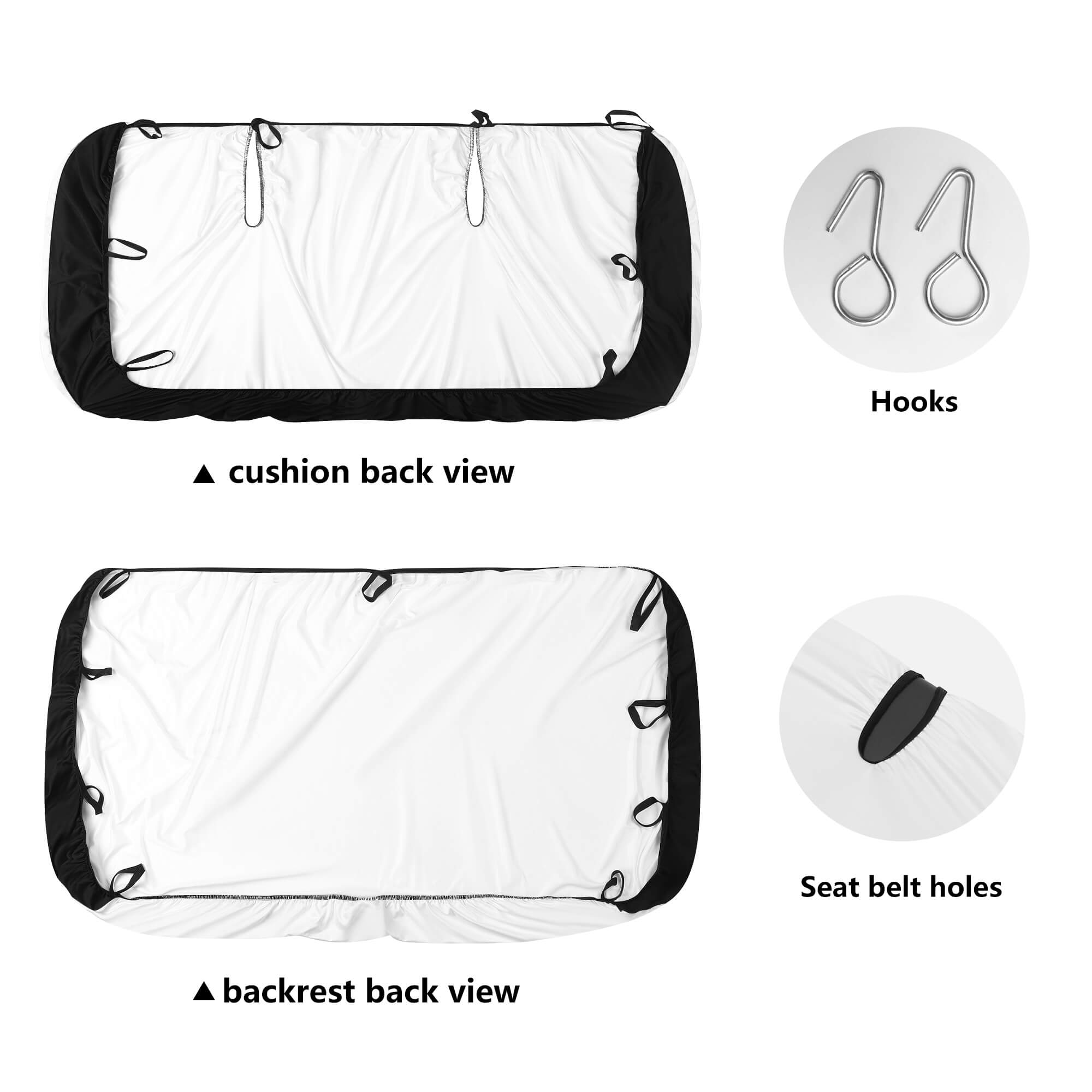 Car seat cover with hooks and seat belt holes on a white background