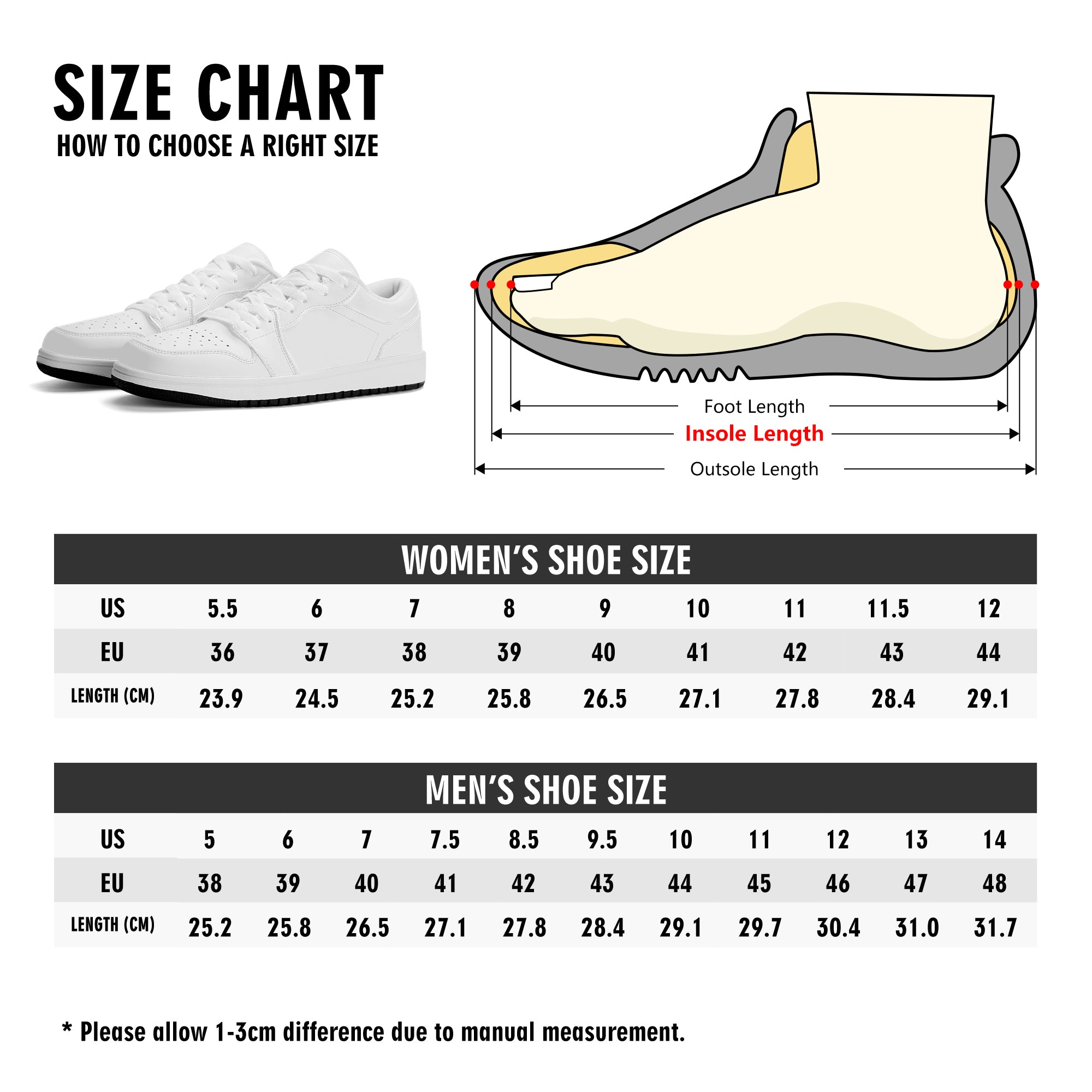 Shoe size chart for women and men with a diagram of a shoe and foot.