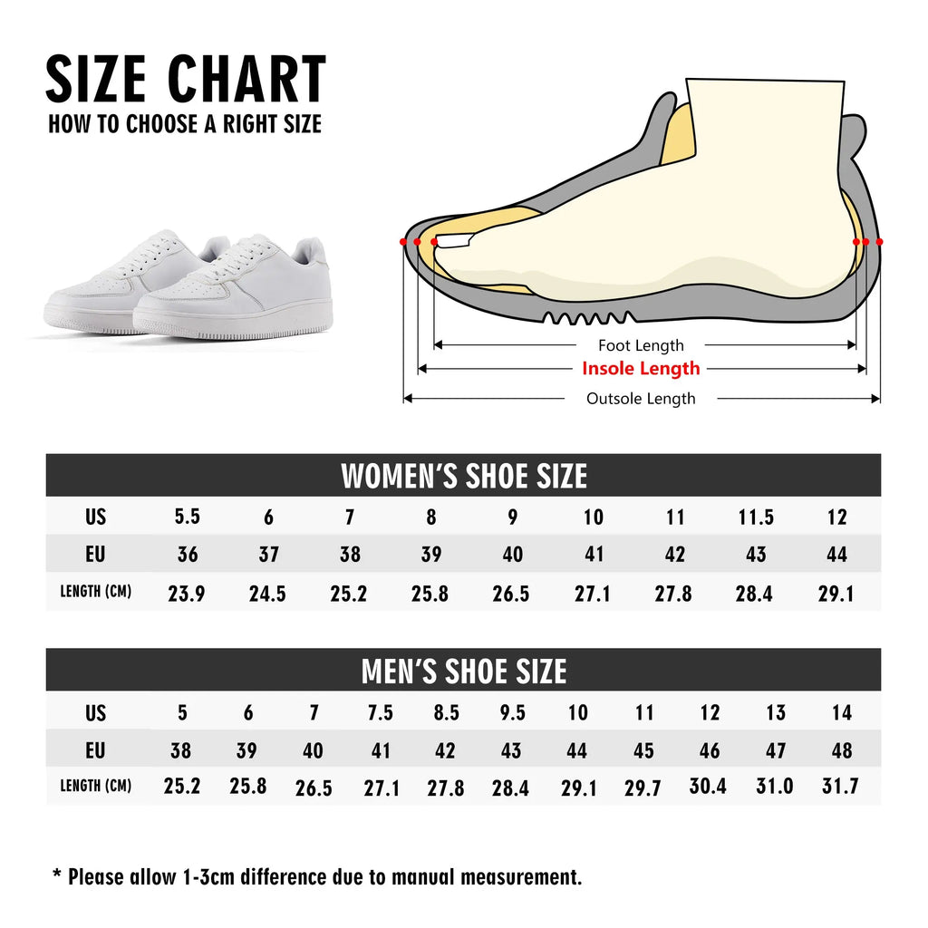 Shoe size chart for women and men with a diagram of a shoe and foot.