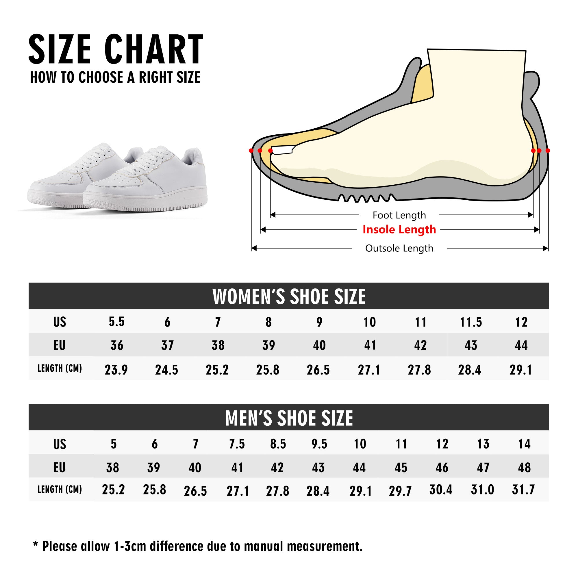 Shoe size chart for women and men with a diagram of a shoe and foot.