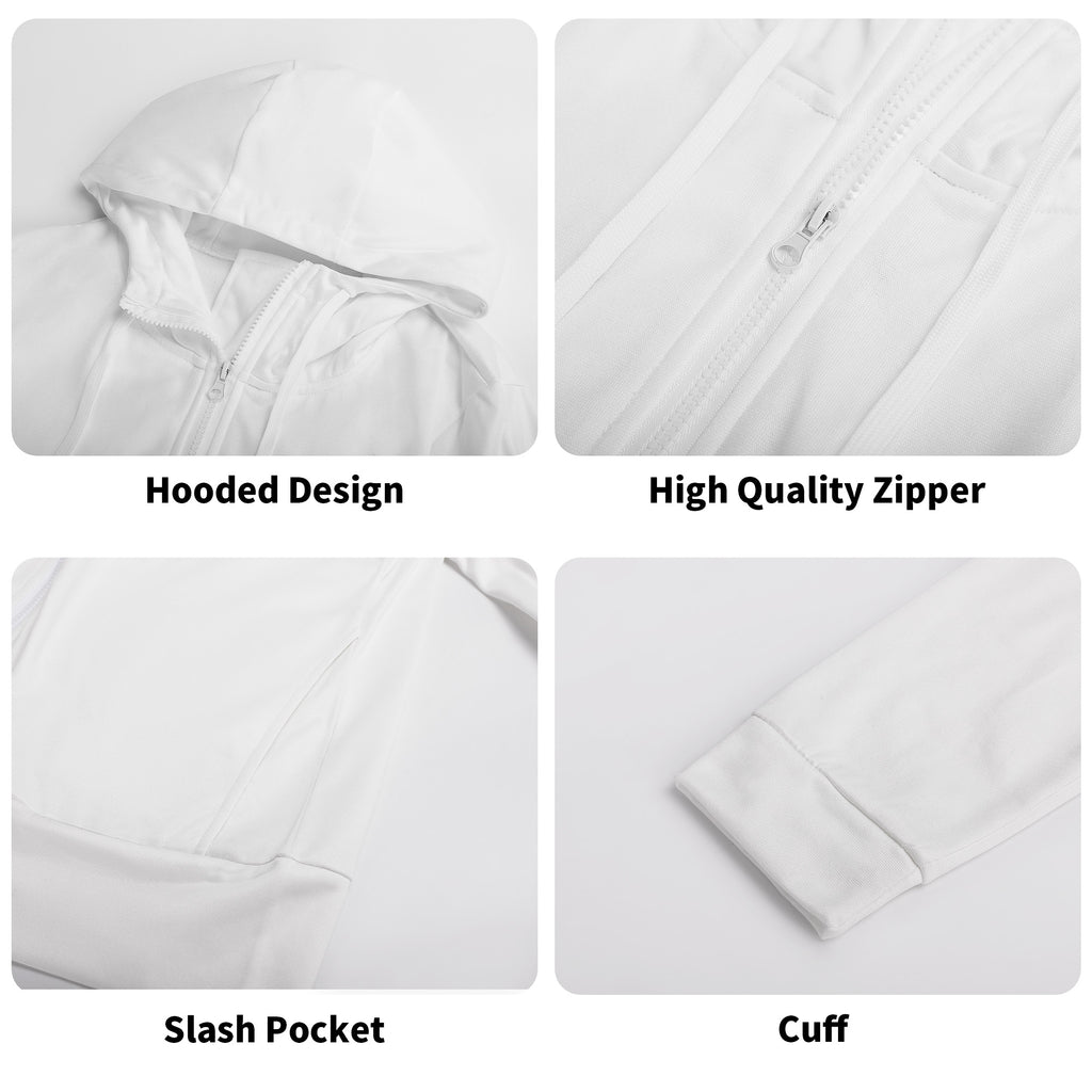 White jacket with labeled features including hood, zipper, pocket, and cuff.