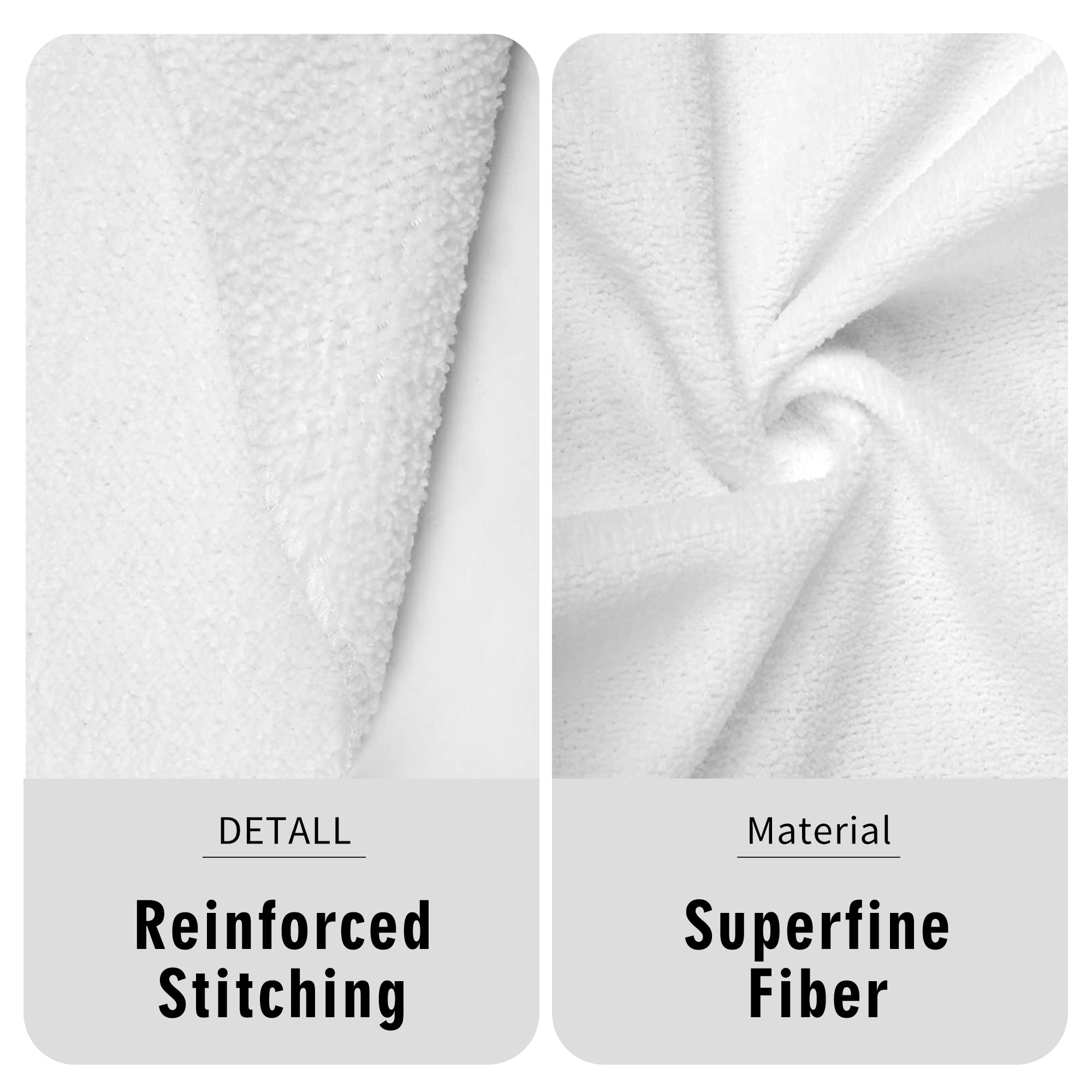 Close-up of white fabric with 'Reinforced Stitching' and 'Superfine Fiber' text labels.