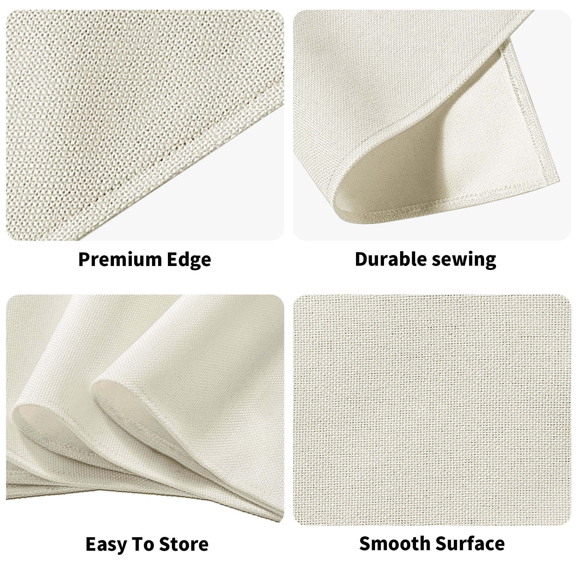 Textured fabric with features labeled 'Premium Edge', 'Durable sewing', 'Easy To Store', and 'Smooth Surface'.