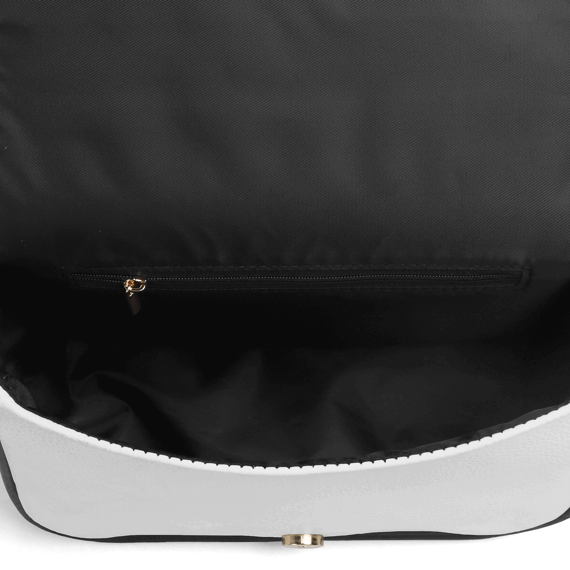 Close-up of a black handbag with a gold zipper.