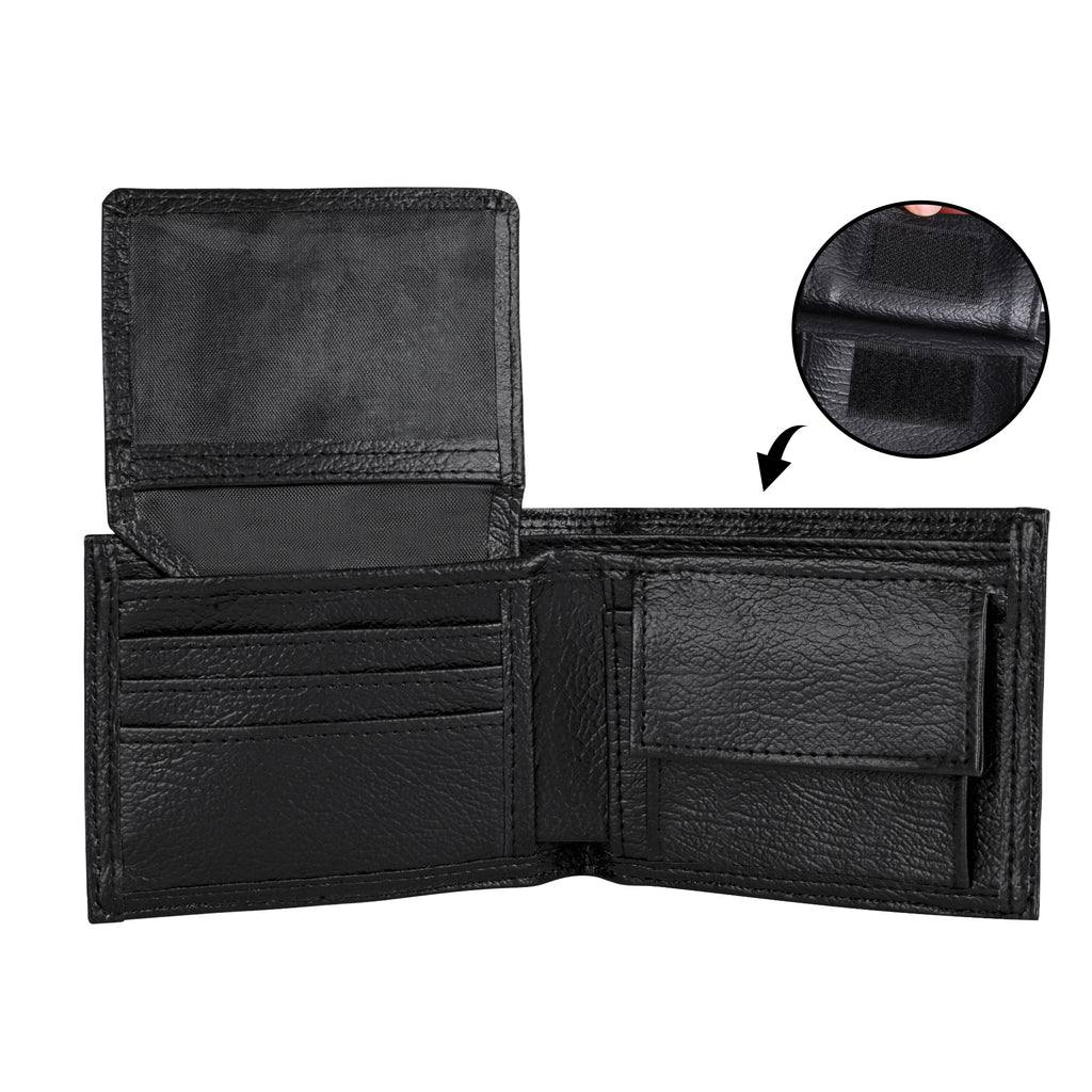 Black leather wallet with open design showing card slots and a close-up of the material quality.