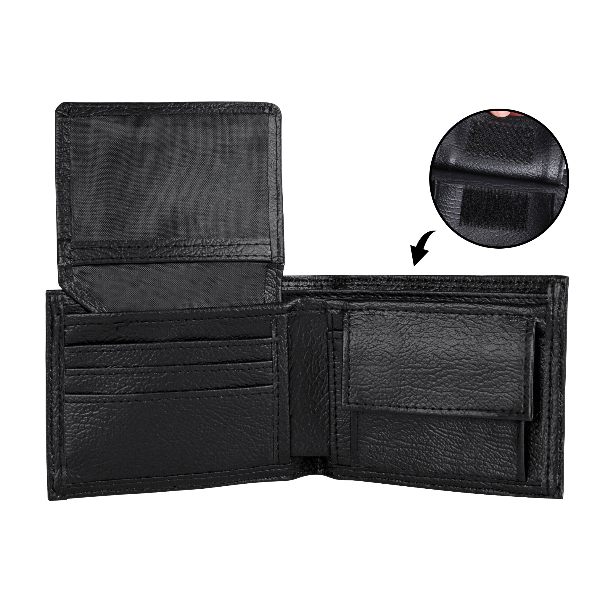Black leather wallet with open design showing card slots and a close-up of the material quality.